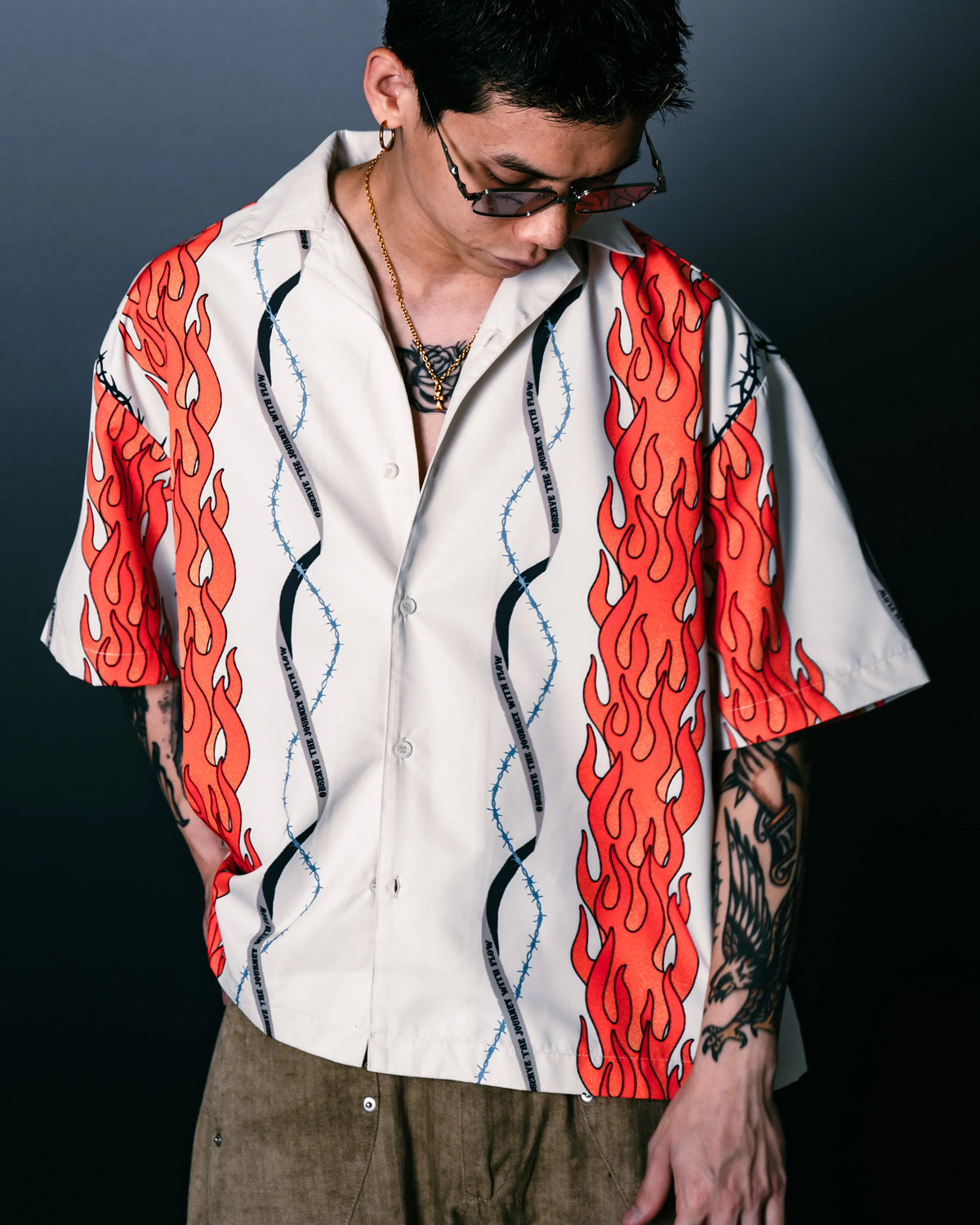 Sense Flame Heart Full Print Cream Shirt