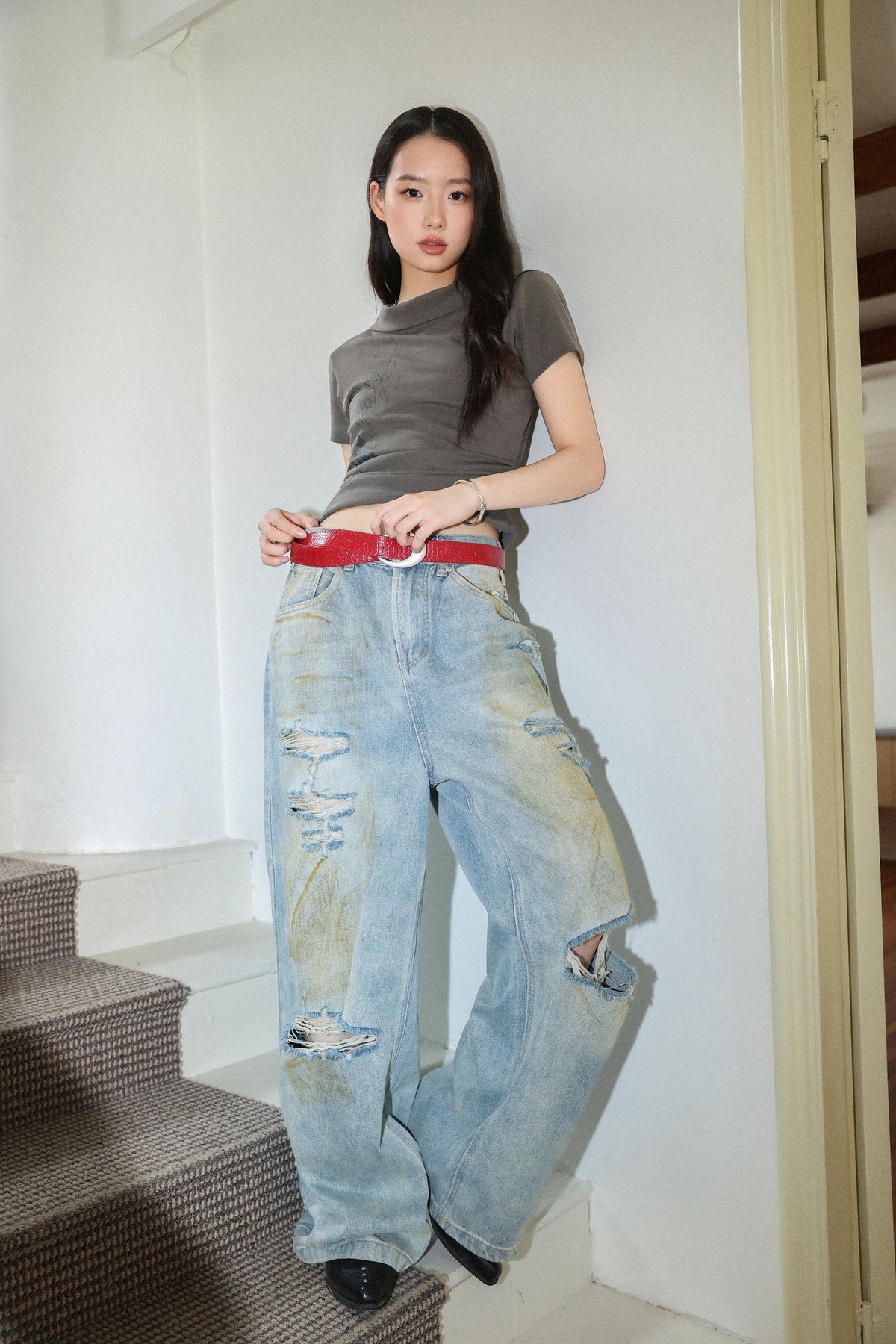 Sense Vintage Dirty Washed Denim Pants Light Blue