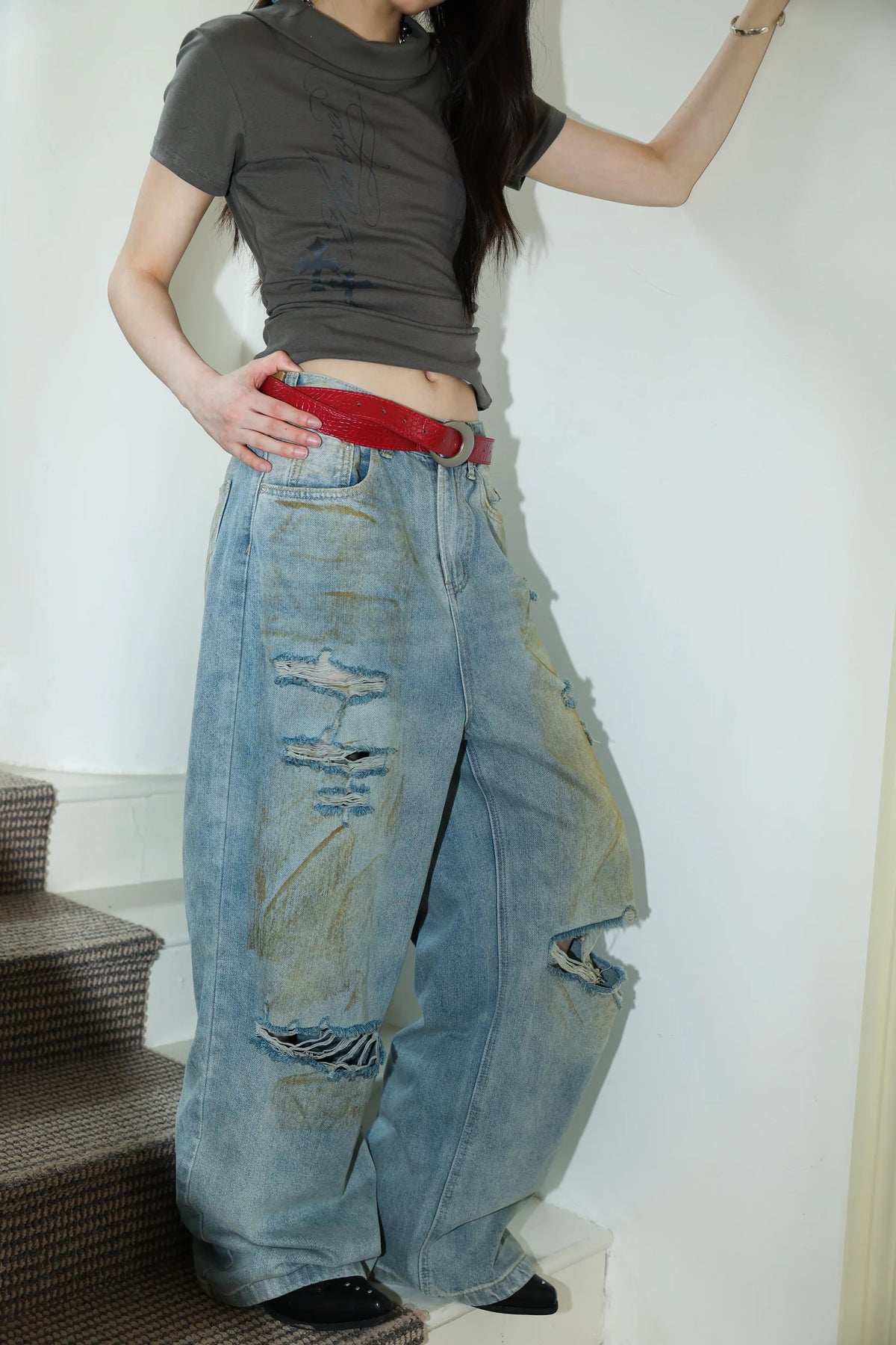 Sense Vintage Dirty Washed Denim Pants Light Blue