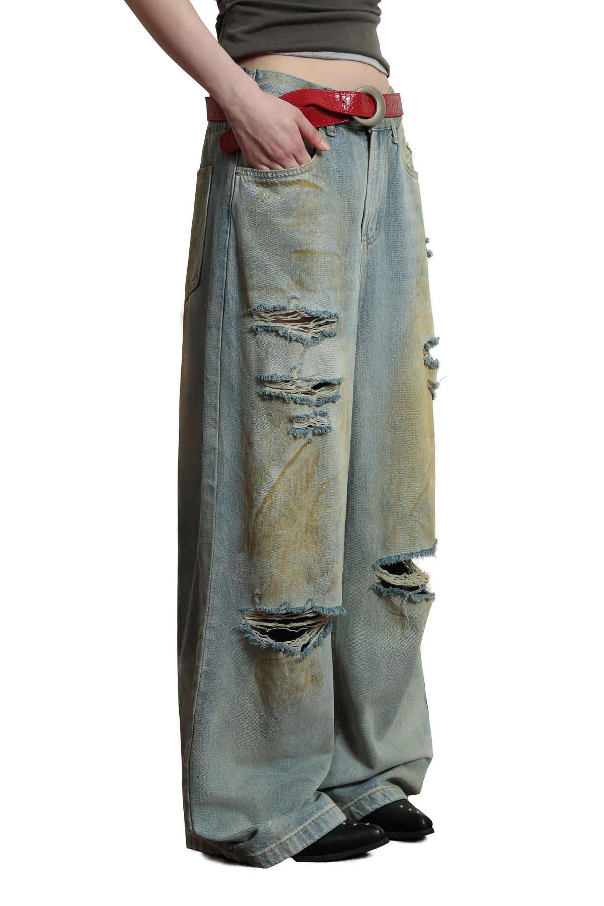 Sense Vintage Dirty Washed Denim Pants Light Blue
