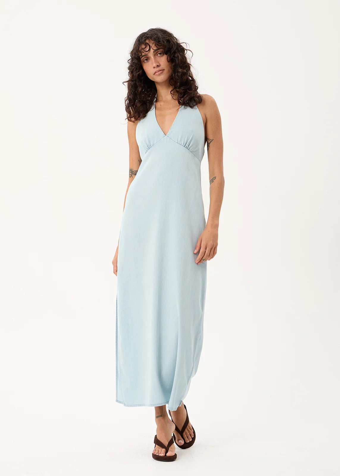 Alexa - Chambray Halter Maxi Dress - Light Blue