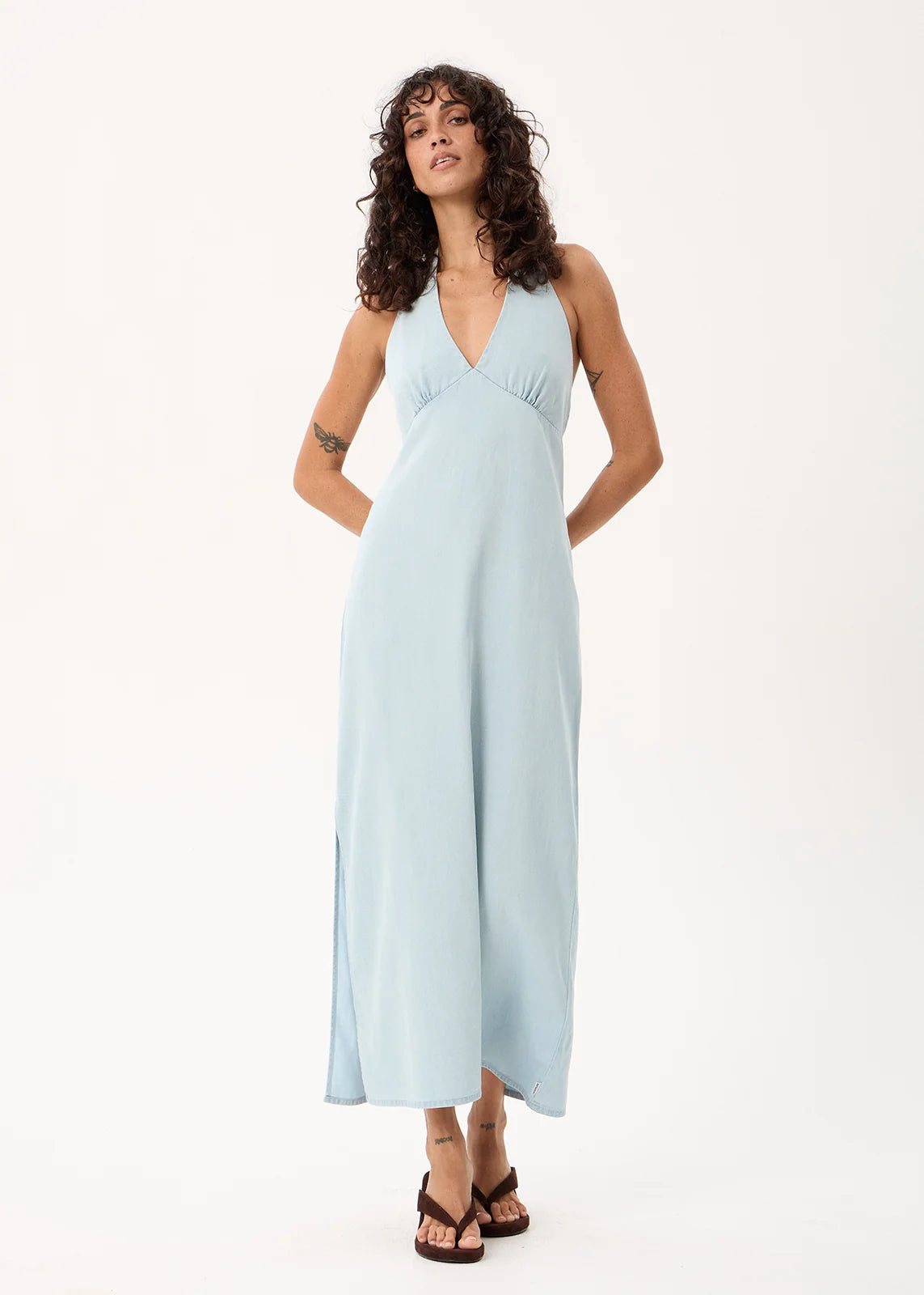 Alexa - Chambray Halter Maxi Dress - Light Blue