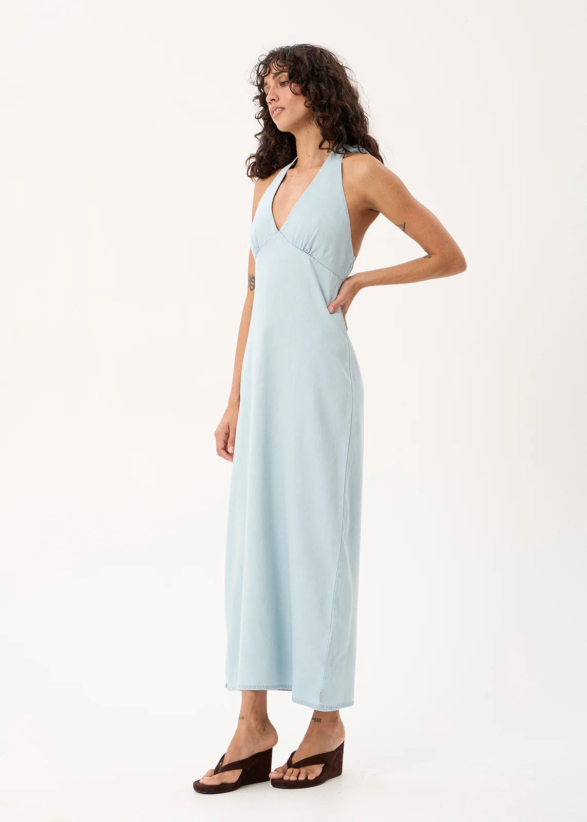 Alexa - Chambray Halter Maxi Dress - Light Blue