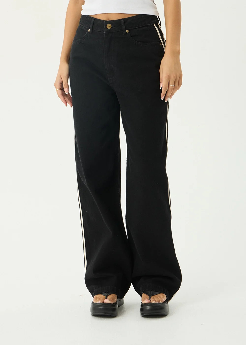 Bella Stripe - Denim Wide Leg Baggy Jeans - Washed Black