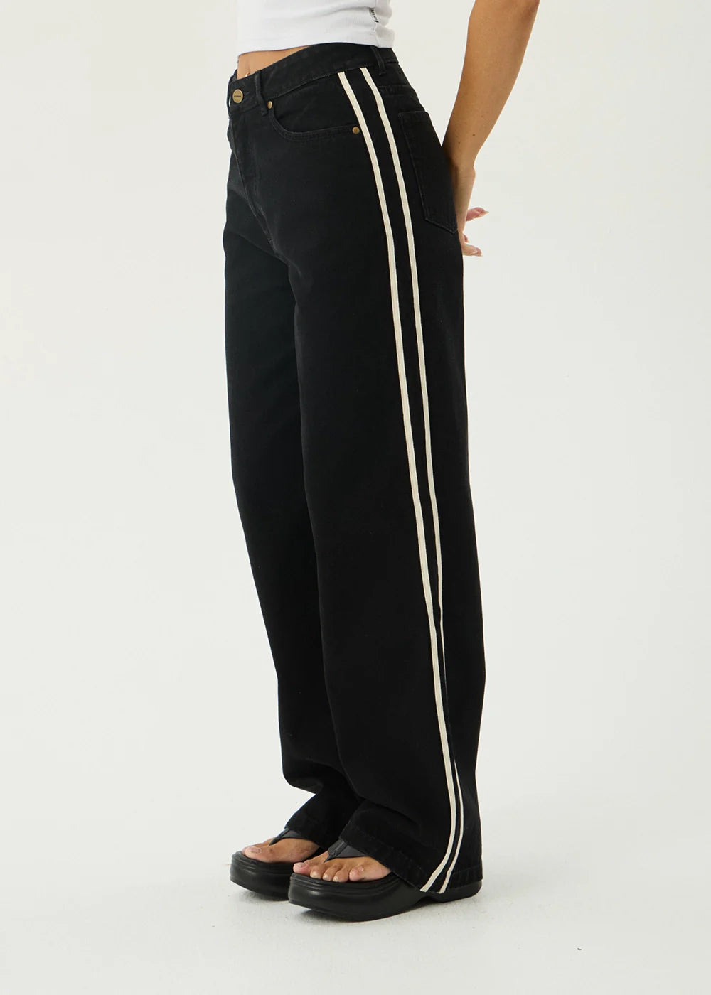 Bella Stripe - Denim Wide Leg Baggy Jeans - Washed Black