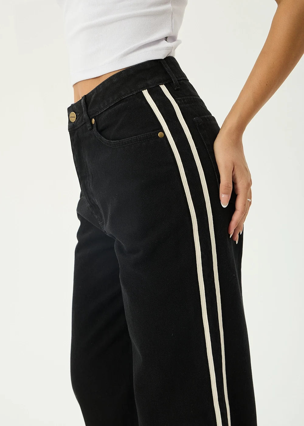 Bella Stripe - Denim Wide Leg Baggy Jeans - Washed Black