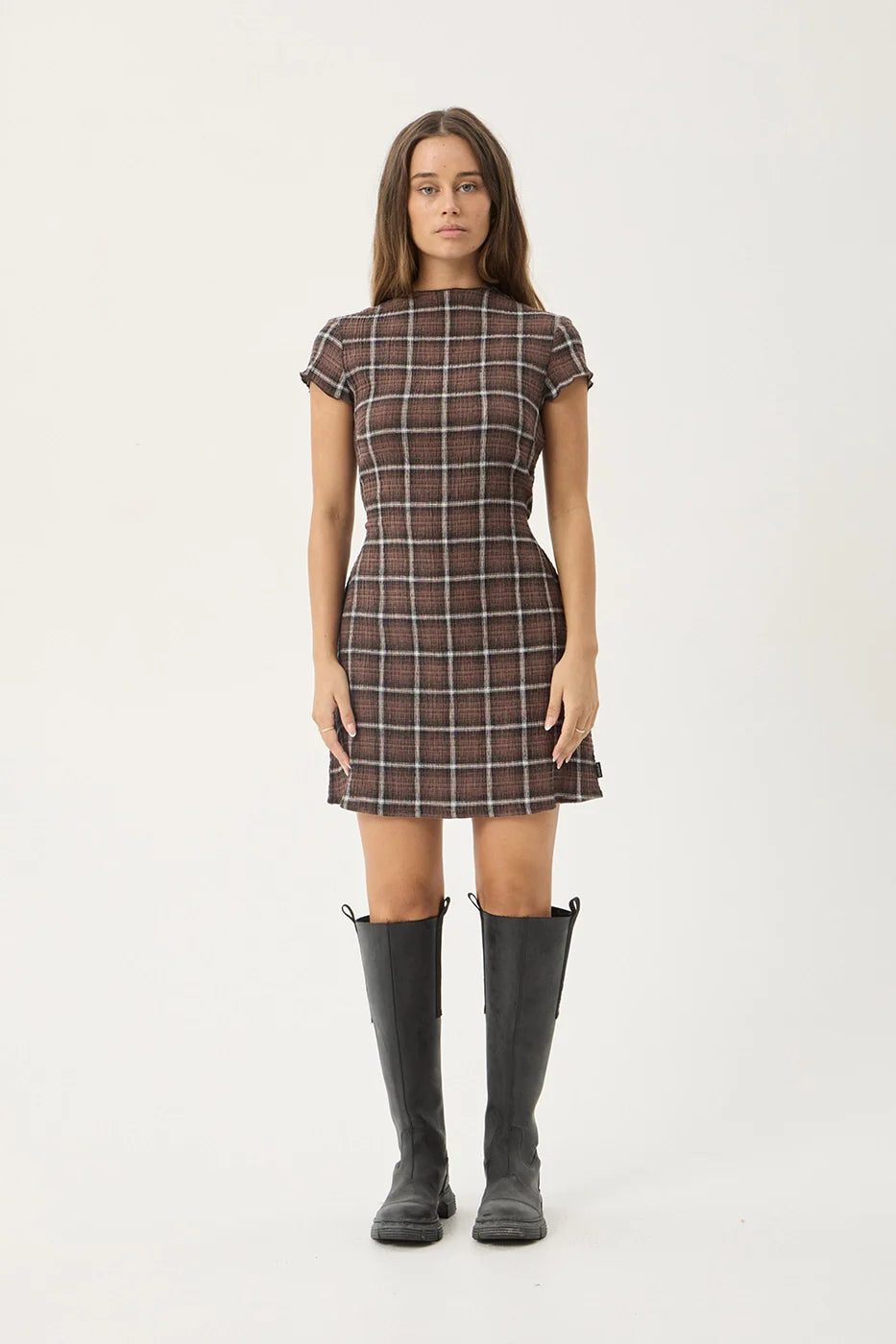 Reverie Hemp - Seersucker Mini Dress - Coffee Check