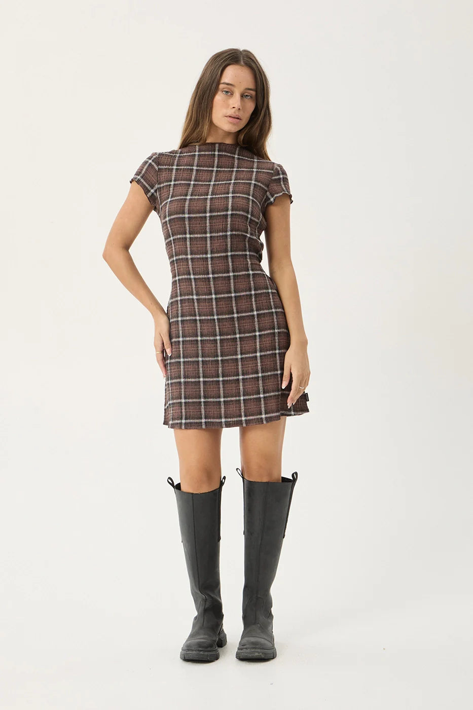 Reverie Hemp - Seersucker Mini Dress - Coffee Check