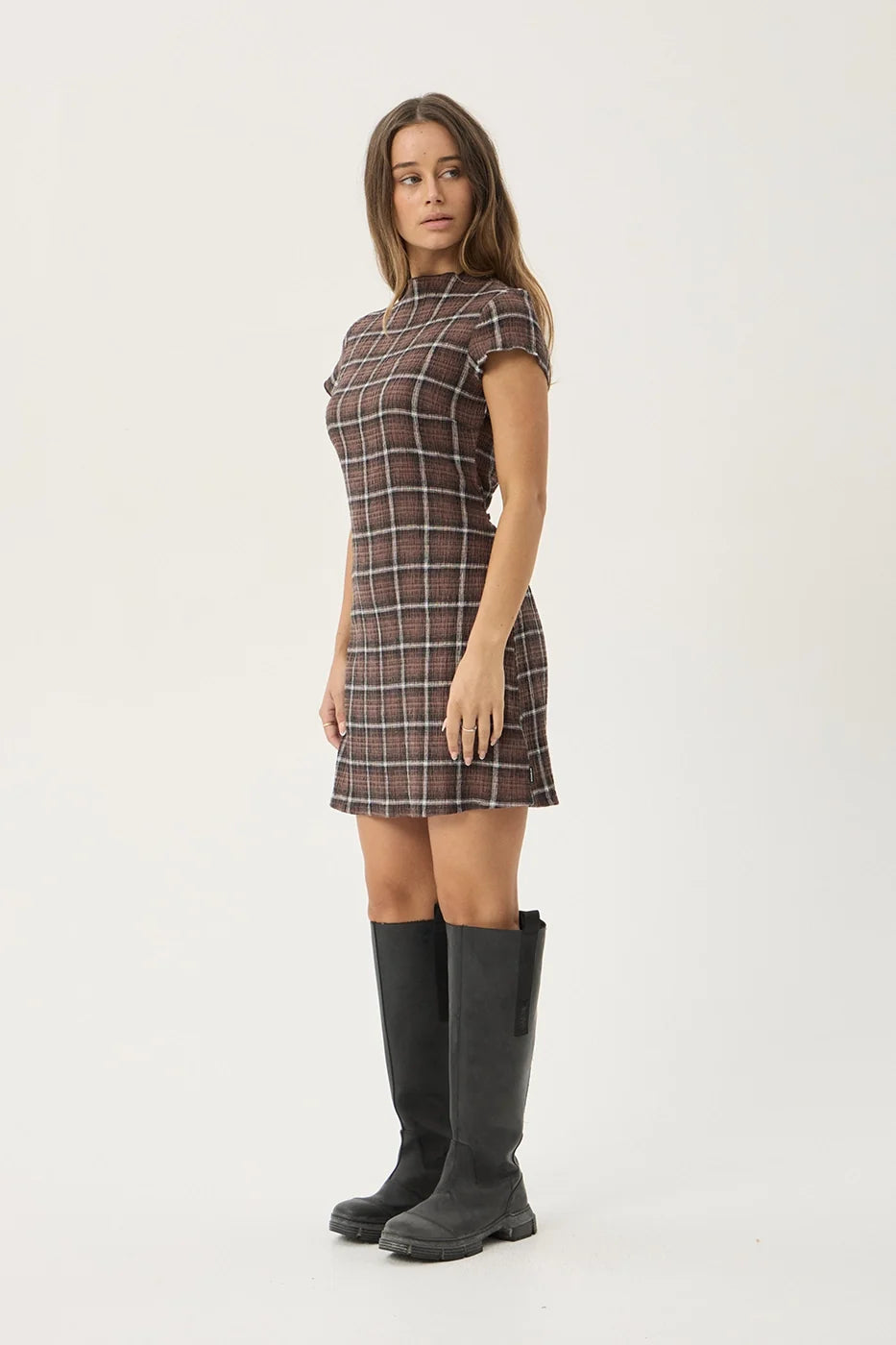 Reverie Hemp - Seersucker Mini Dress - Coffee Check