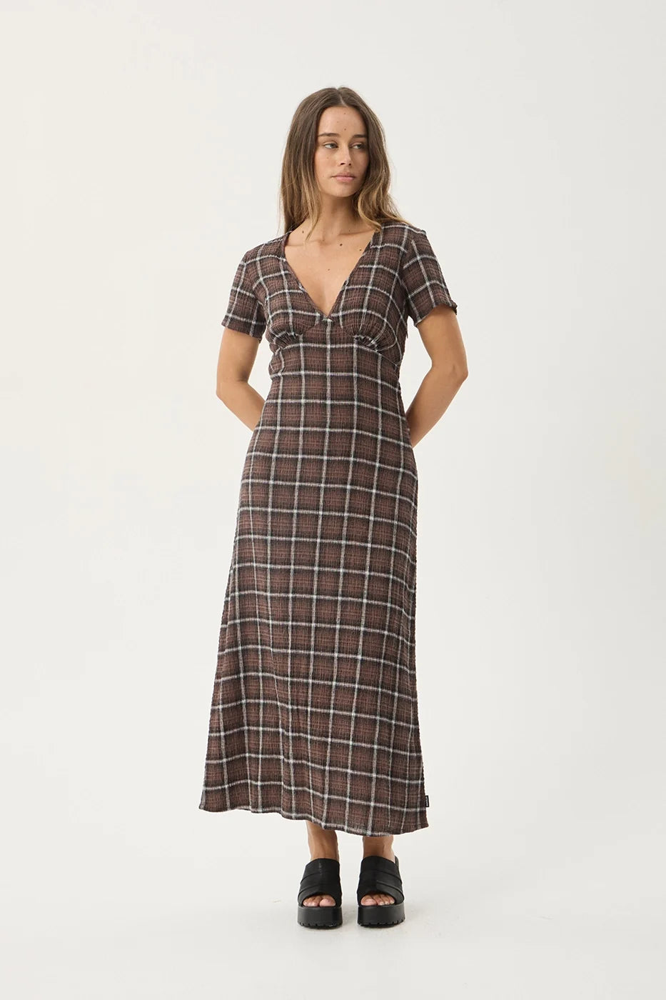 Reverie Hemp - Seersucker Maxi Dress - Coffee Check
