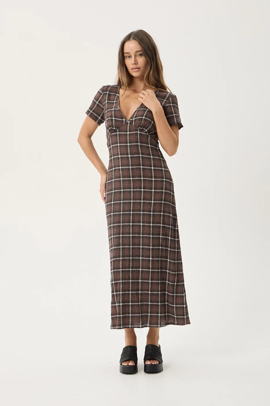 Reverie Hemp - Seersucker Maxi Dress - Coffee Check