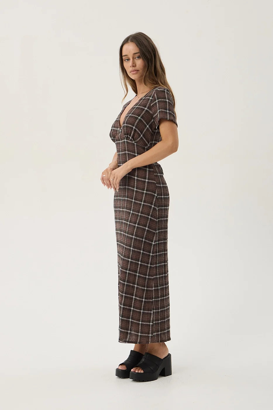 Reverie Hemp - Seersucker Maxi Dress - Coffee Check