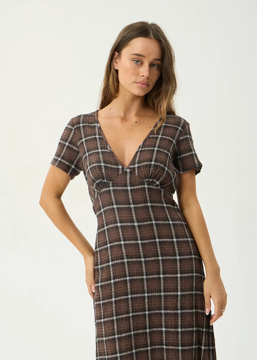 Reverie Hemp - Seersucker Maxi Dress - Coffee Check