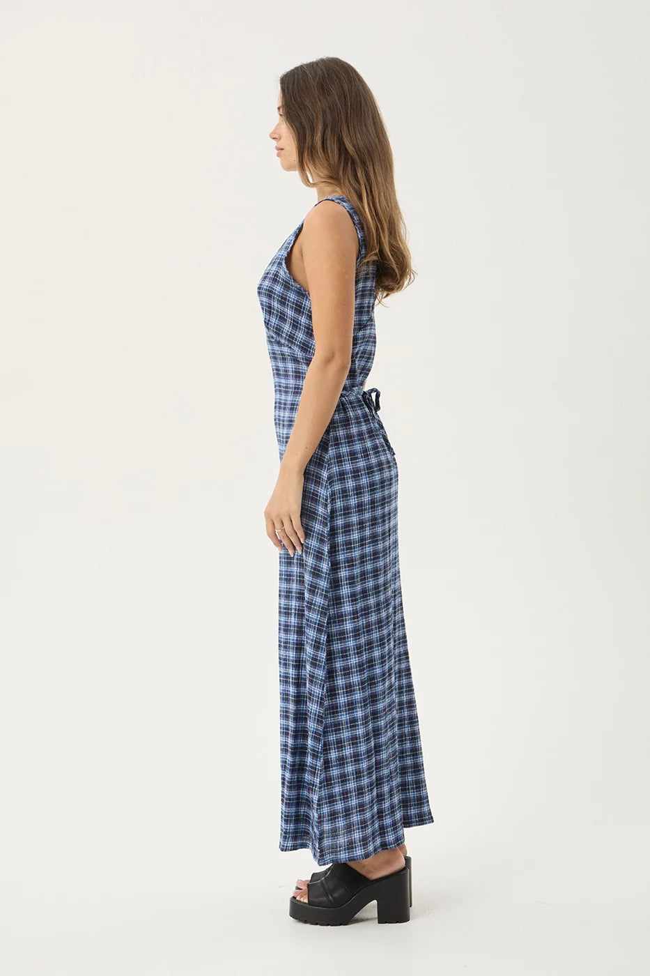 Mountains Tully Hemp - Seersucker Maxi Dress - Navy Red Check