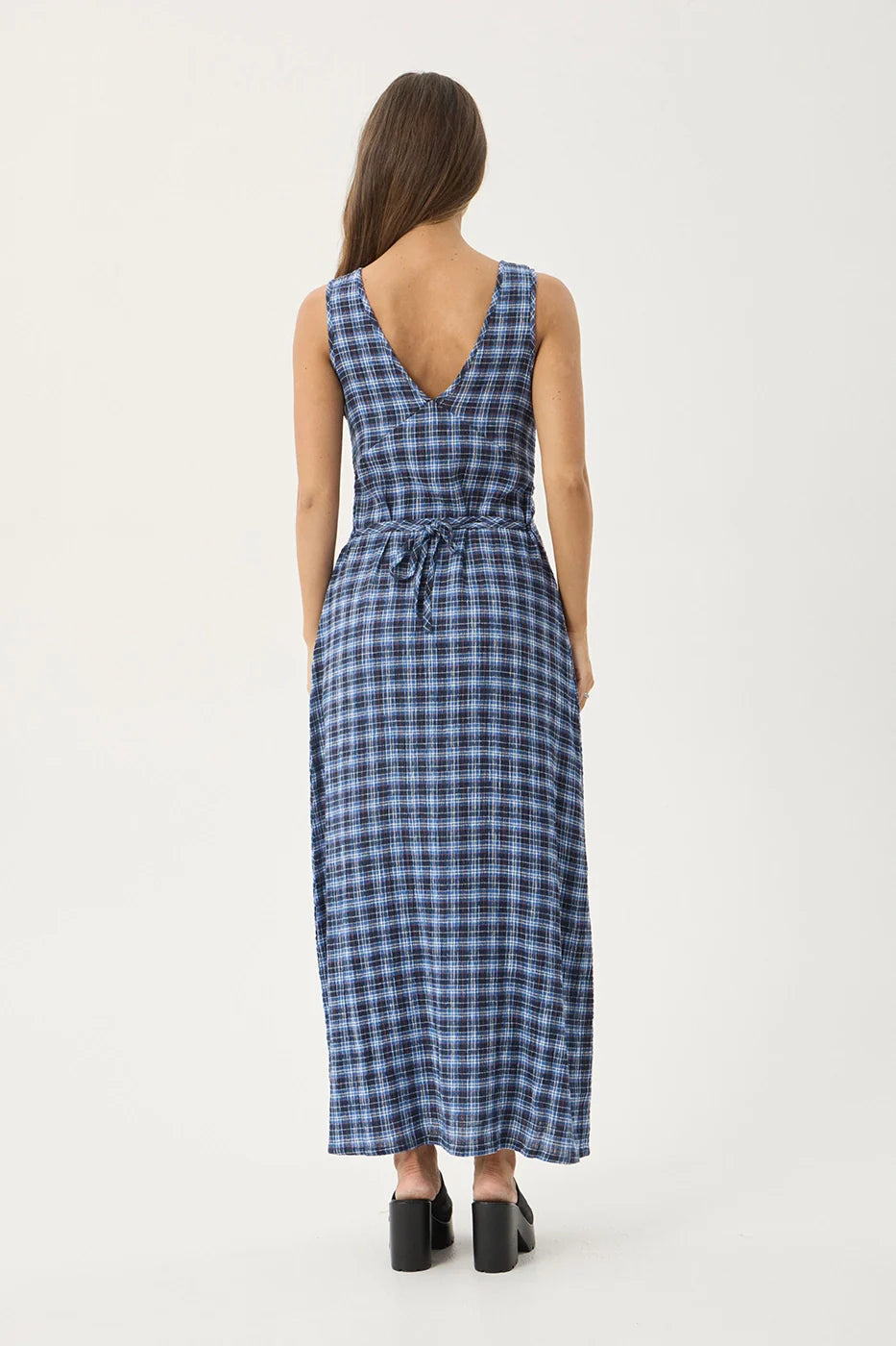 Mountains Tully Hemp - Seersucker Maxi Dress - Navy Red Check