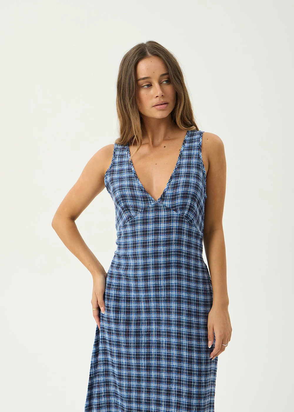Mountains Tully Hemp - Seersucker Maxi Dress - Navy Red Check