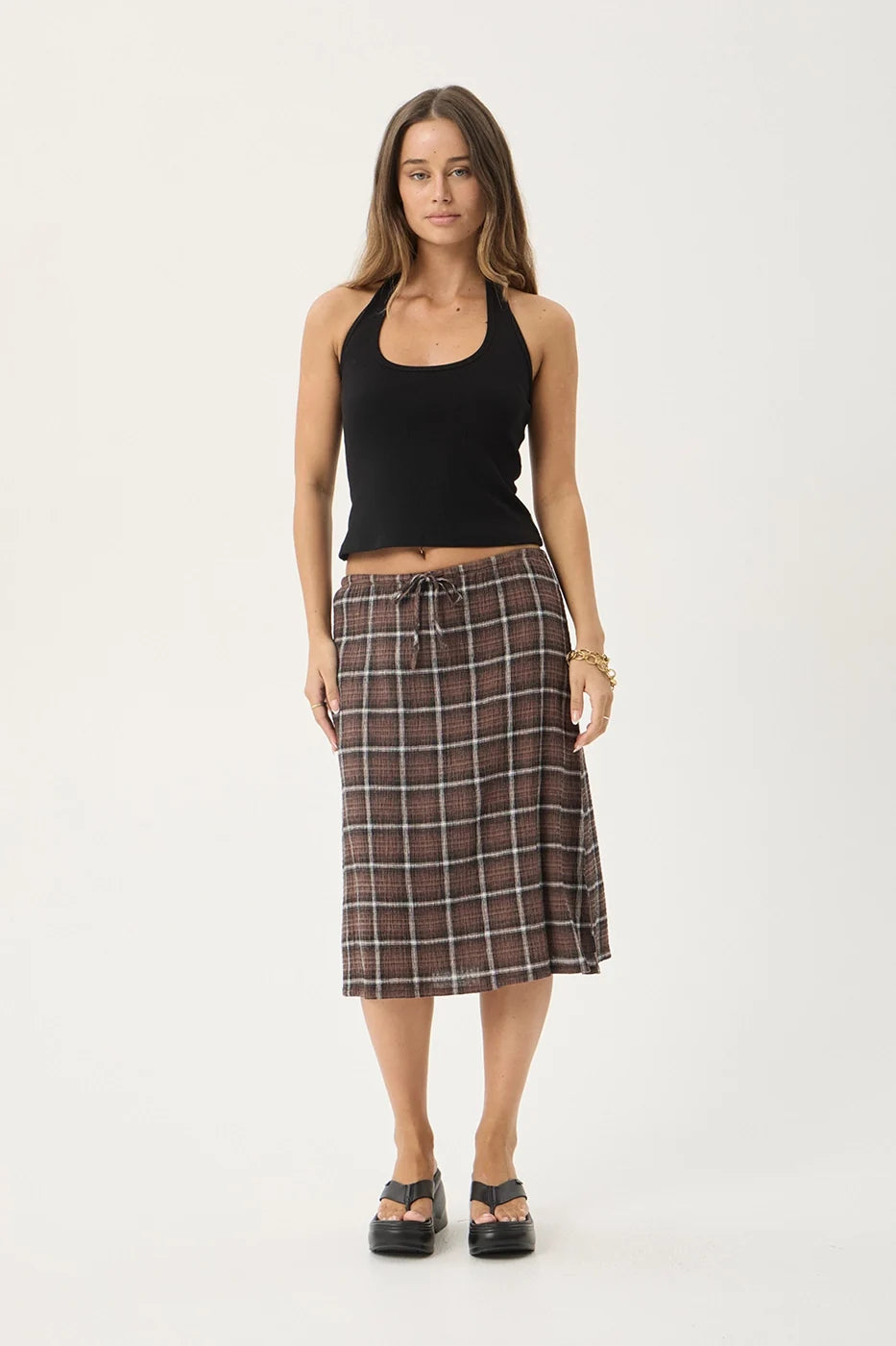 Reverie Hemp - Seersucker Midi Skirt - Coffee Check
