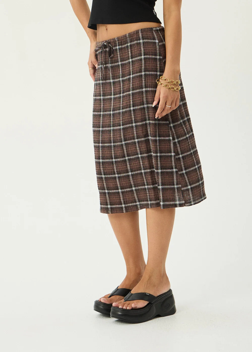 Reverie Hemp - Seersucker Midi Skirt - Coffee Check