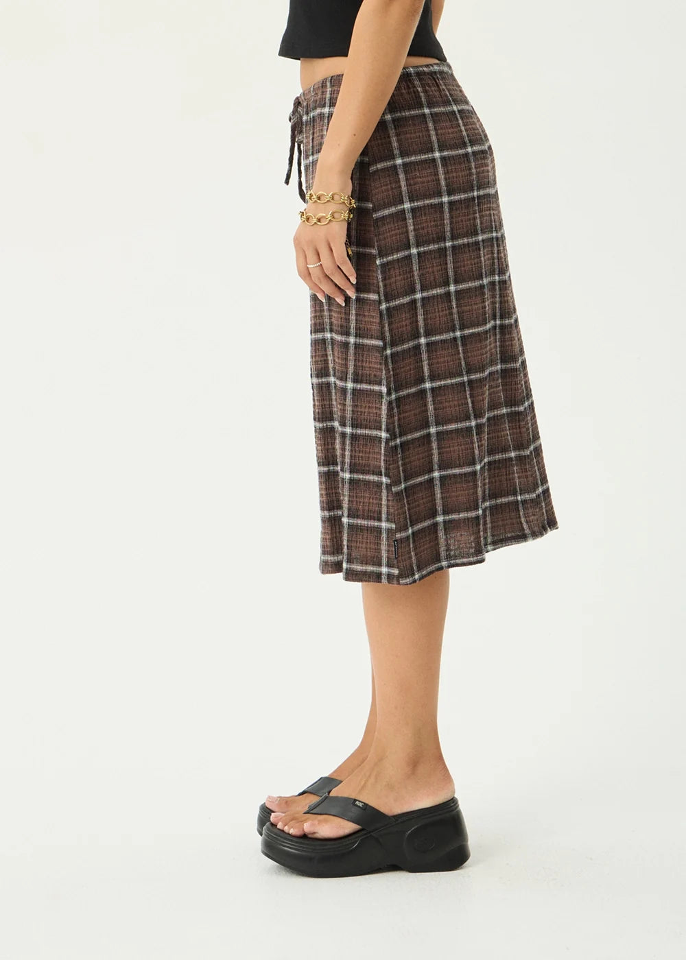 Reverie Hemp - Seersucker Midi Skirt - Coffee Check