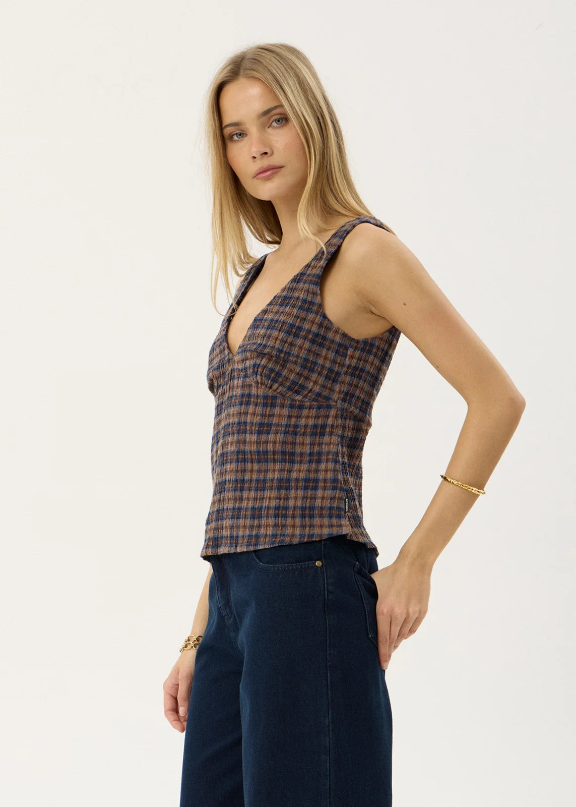 Giselle - Seersucker Top - Shev Indigo Check