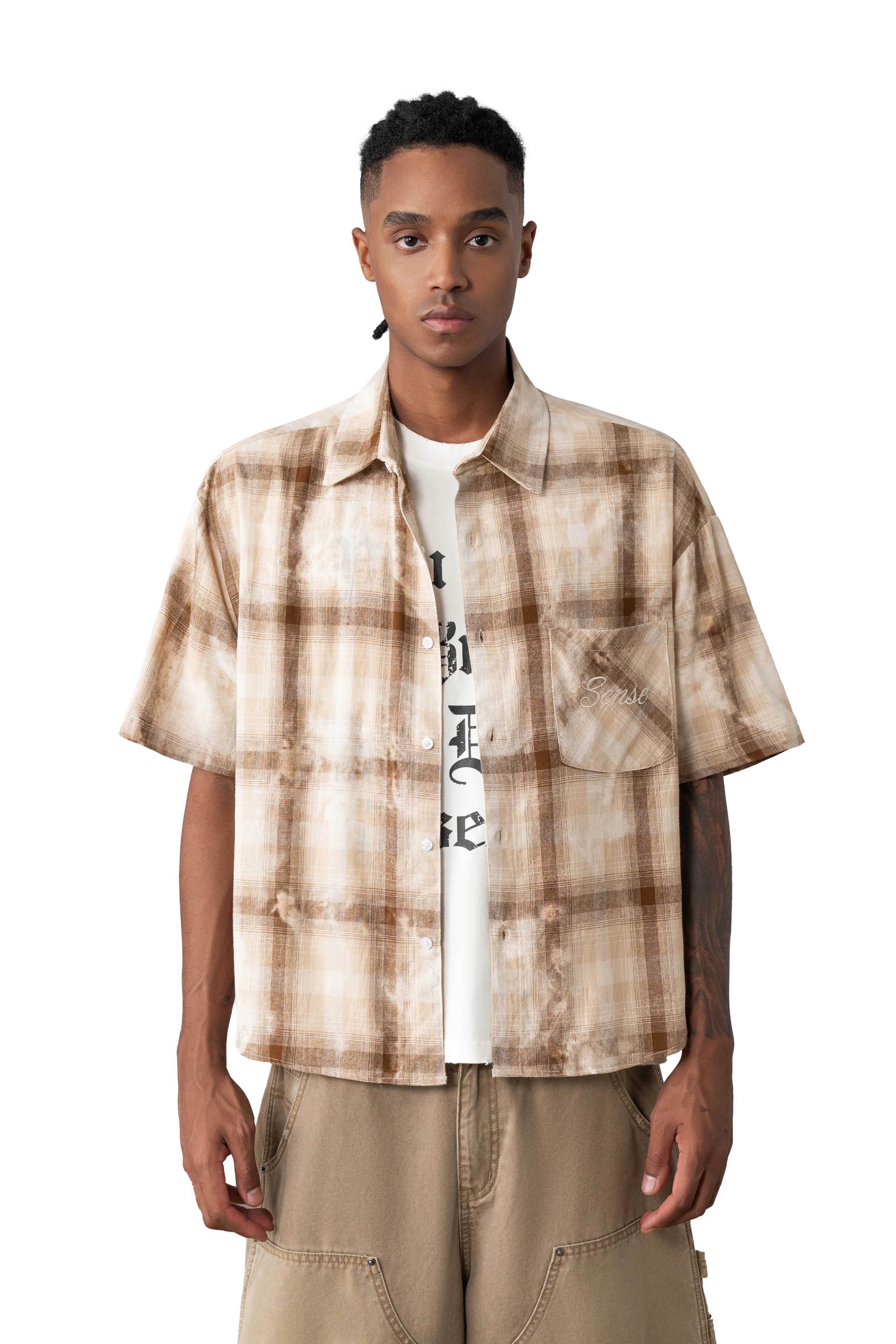 Sense Boxy Washed Check Sand Shirt