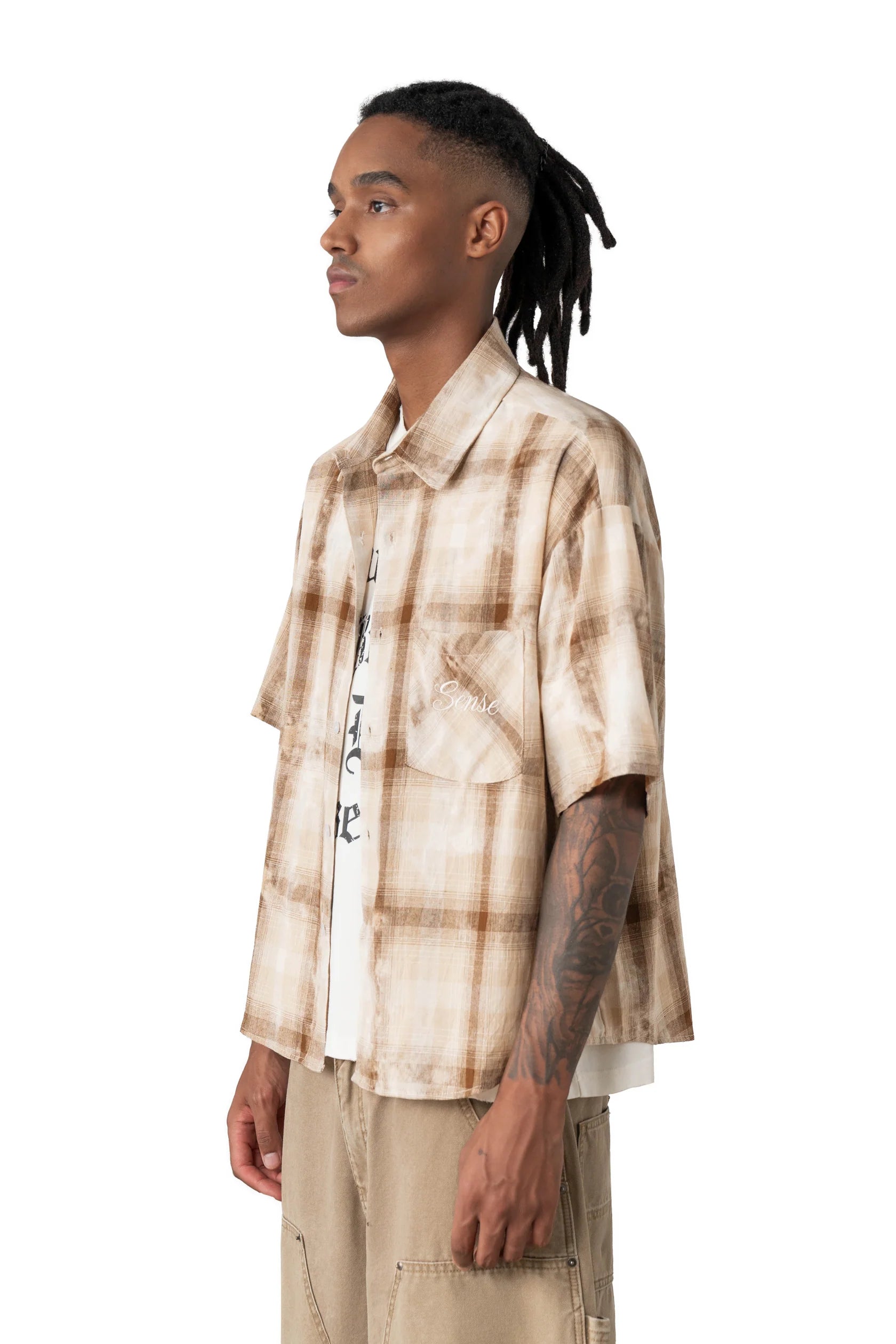 Sense Boxy Washed Check Sand Shirt