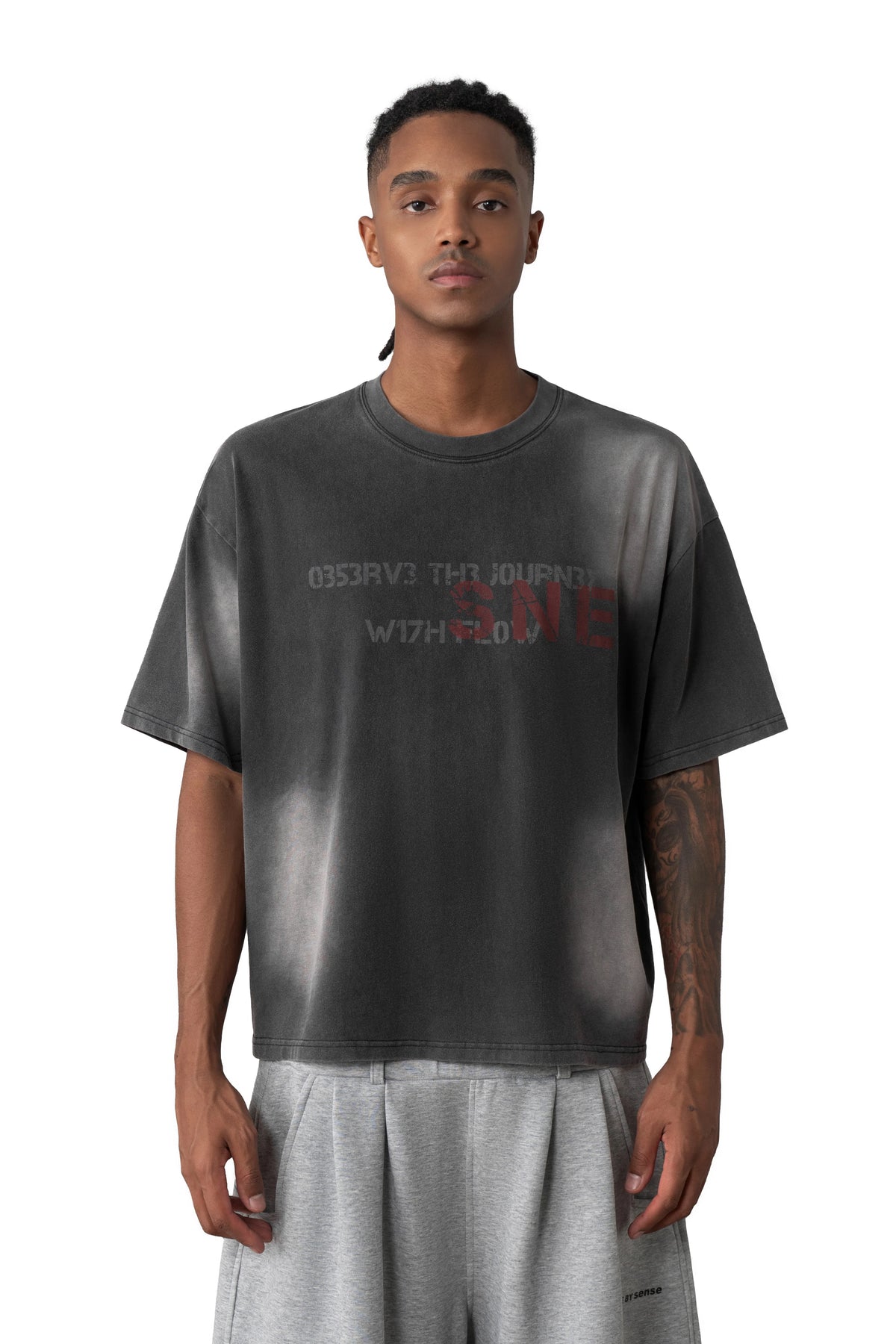 Sense Washed Fade Slogan SS Tee Coal Black