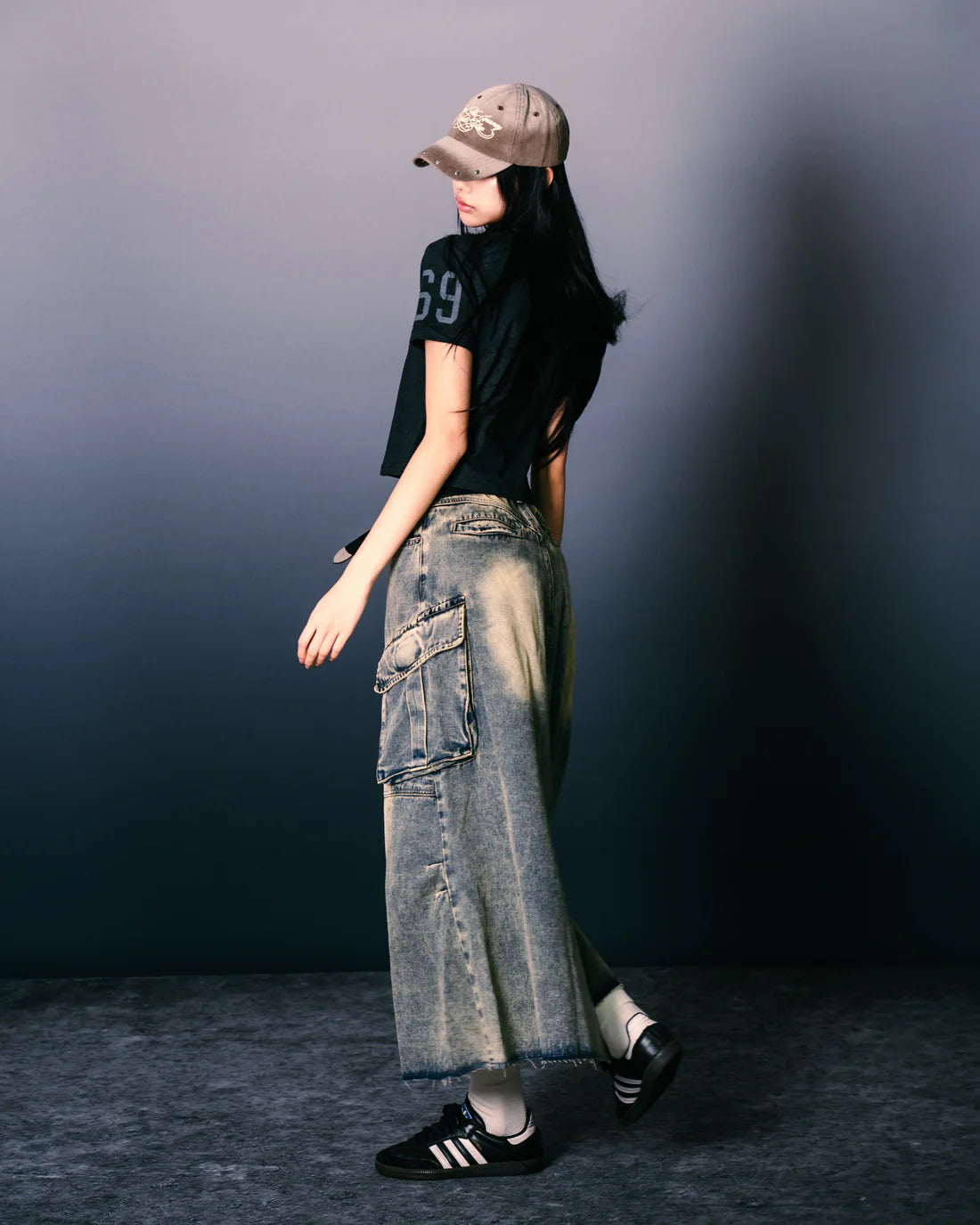 Sense Distressed Full Denim Skirt with Pockets