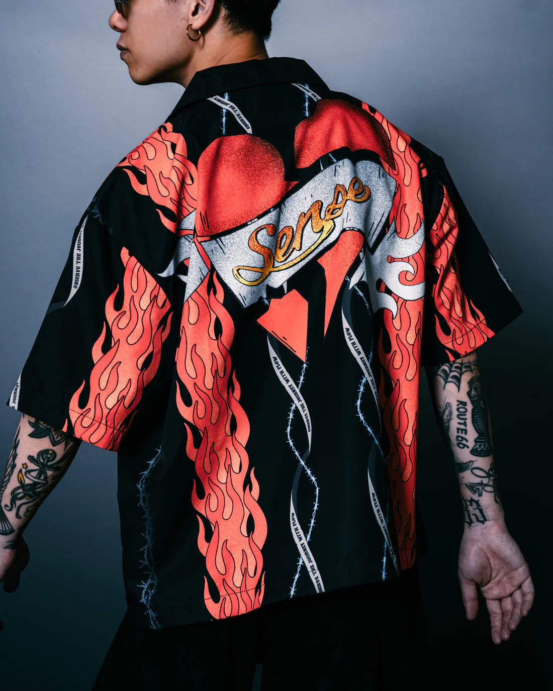 Sense Flame Heart Full Print Black Shirt