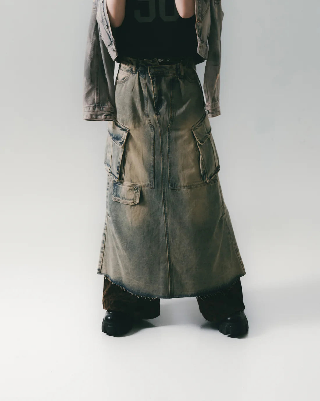 Sense Distressed Full Denim Skirt with Pockets