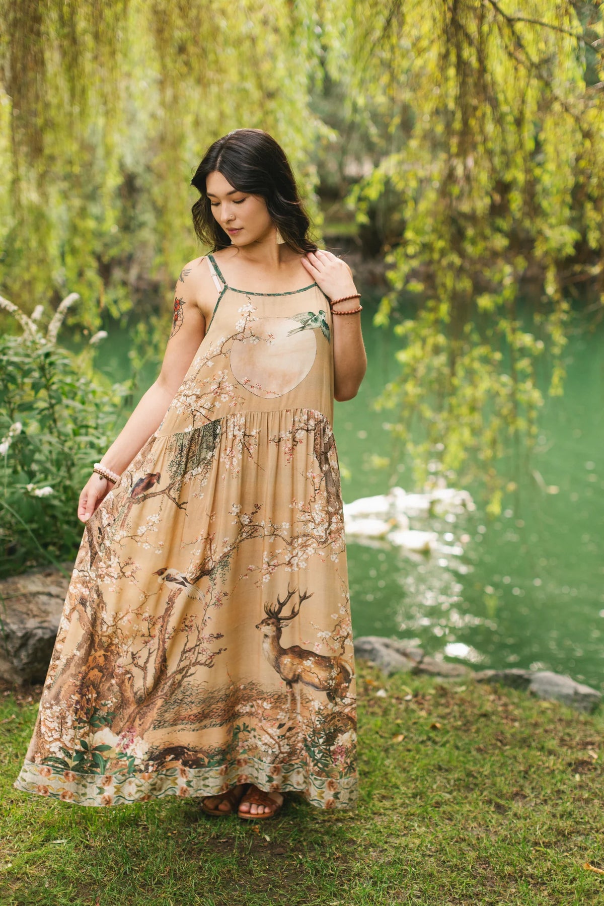 Fable Boheme Long Maxi Slip Dress w Blossoms, Deer & Moon