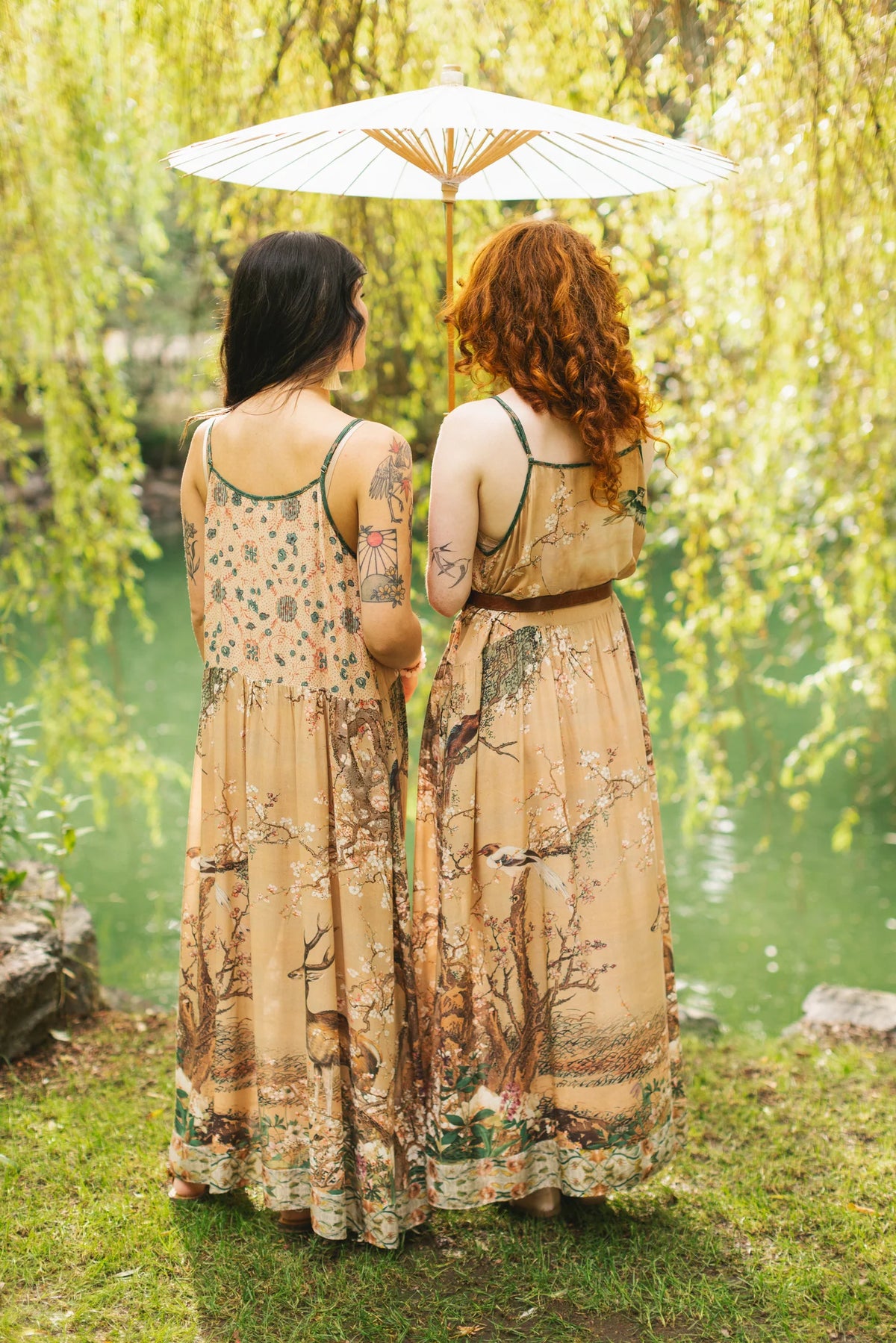 Fable Boheme Long Maxi Slip Dress w Blossoms, Deer & Moon