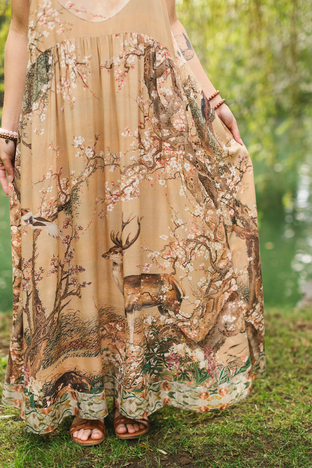 Fable Boheme Long Maxi Slip Dress w Blossoms, Deer & Moon