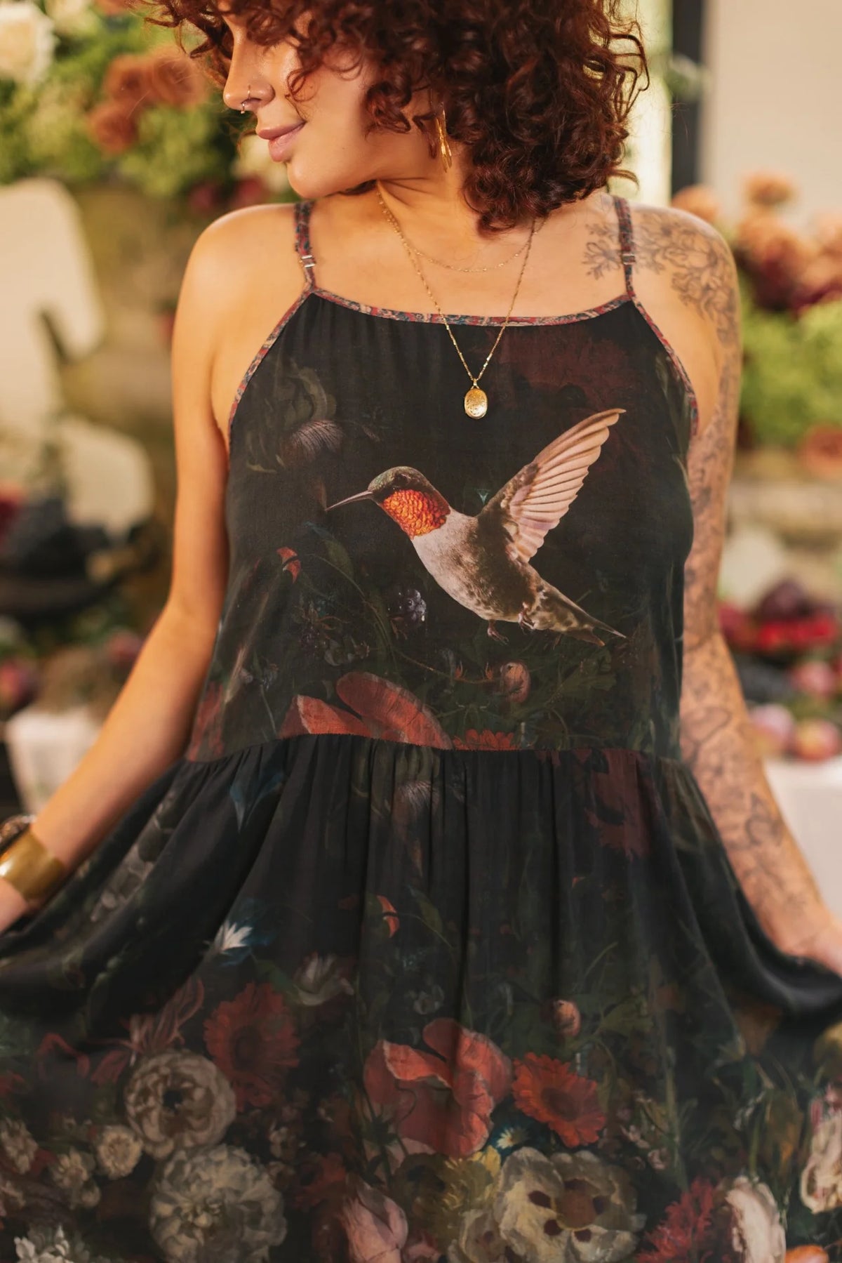 Flight Of Fancy Boheme Long Maxi Slip Dress w Hummingbirds