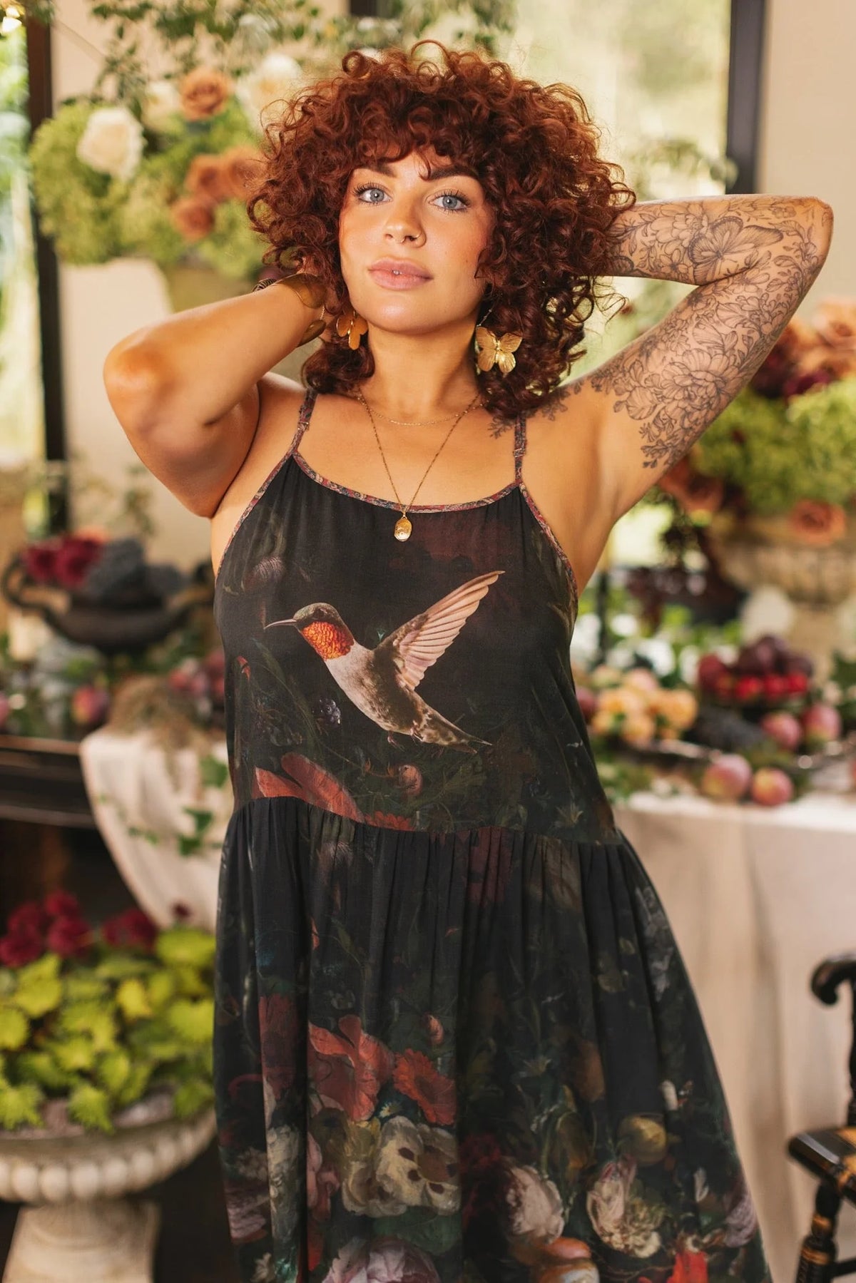 Flight Of Fancy Boheme Long Maxi Slip Dress w Hummingbirds