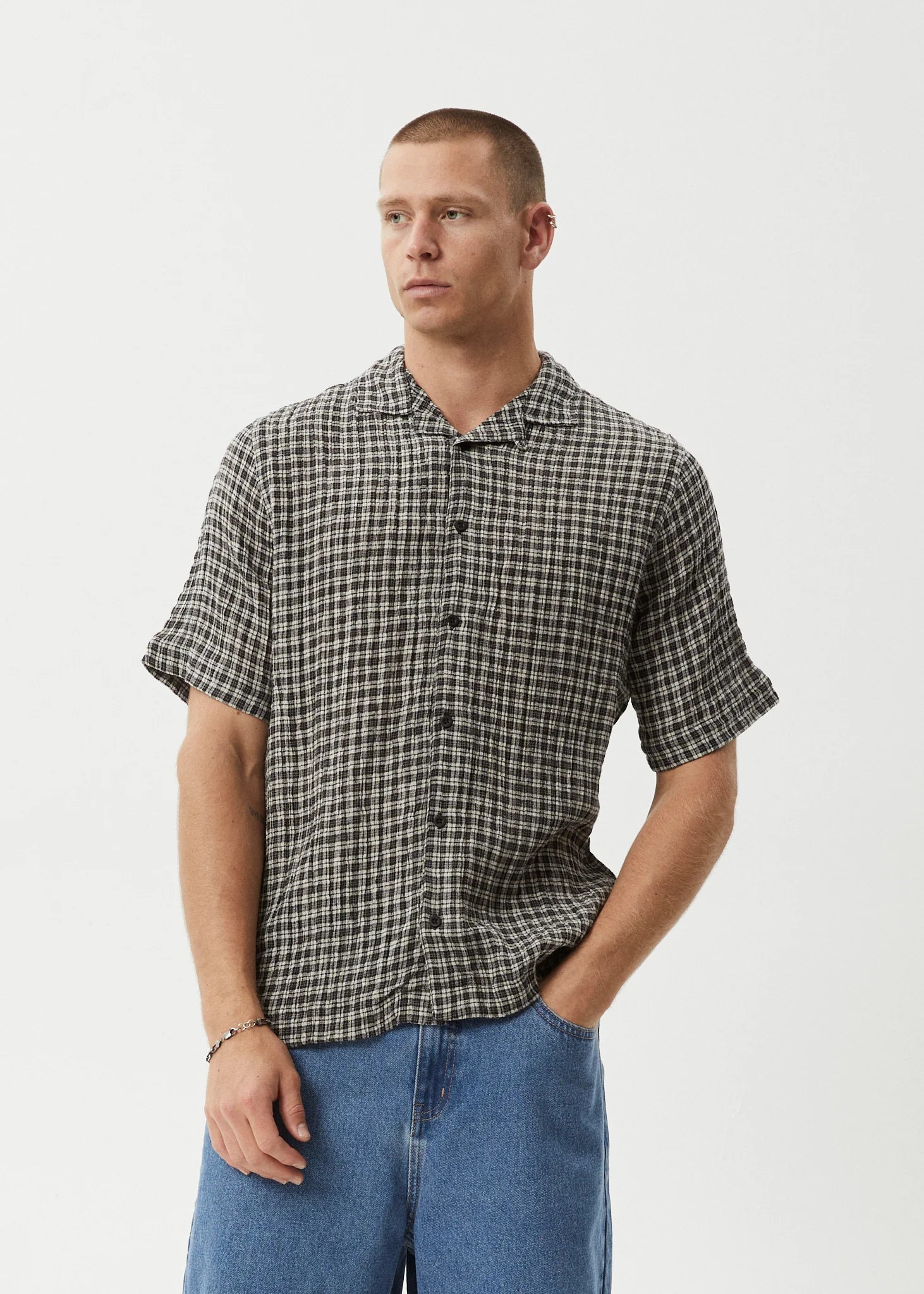 Asta Seersucker Cuban Black Check Shirt