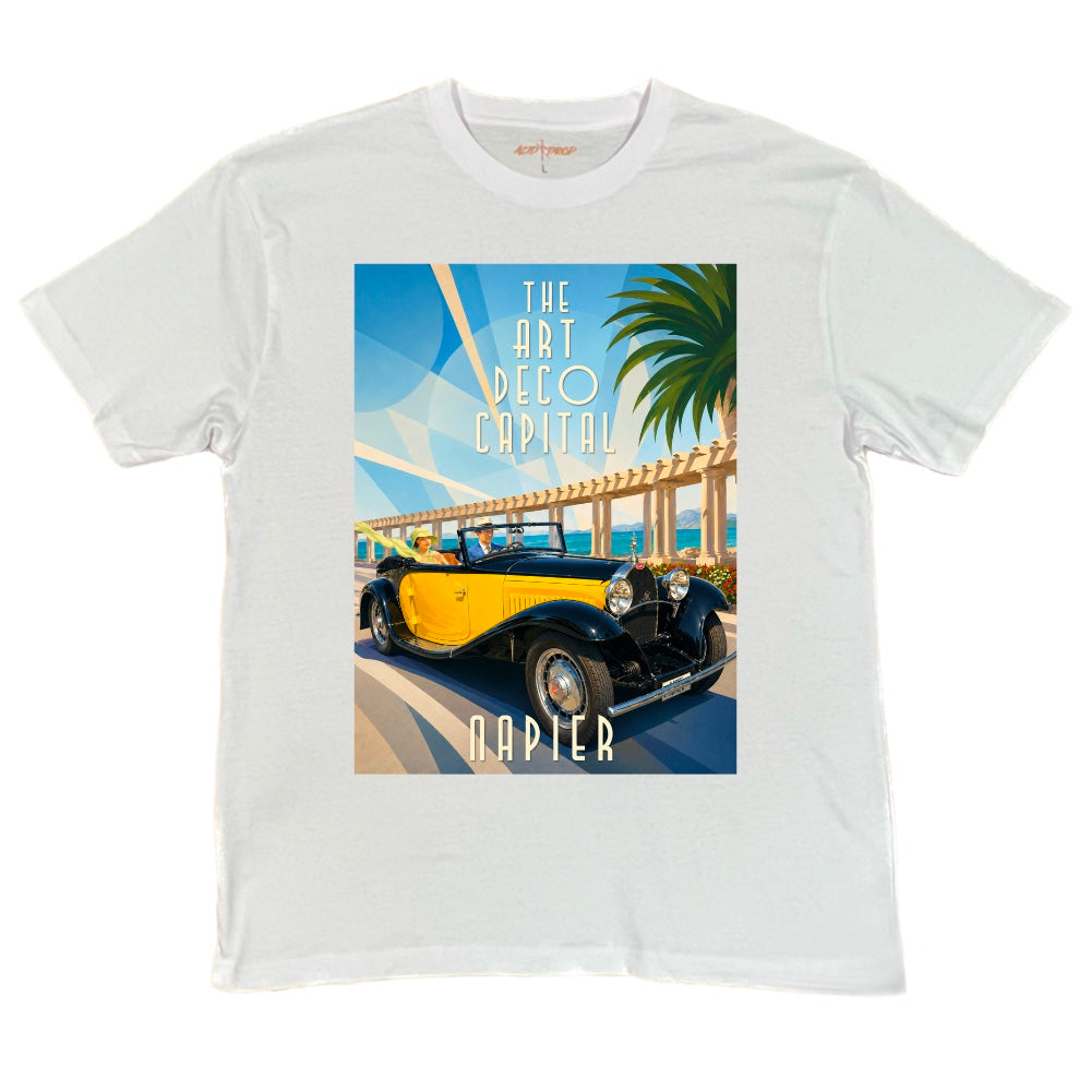 Napier Art Deco Yellow Car Blue Sky Tee