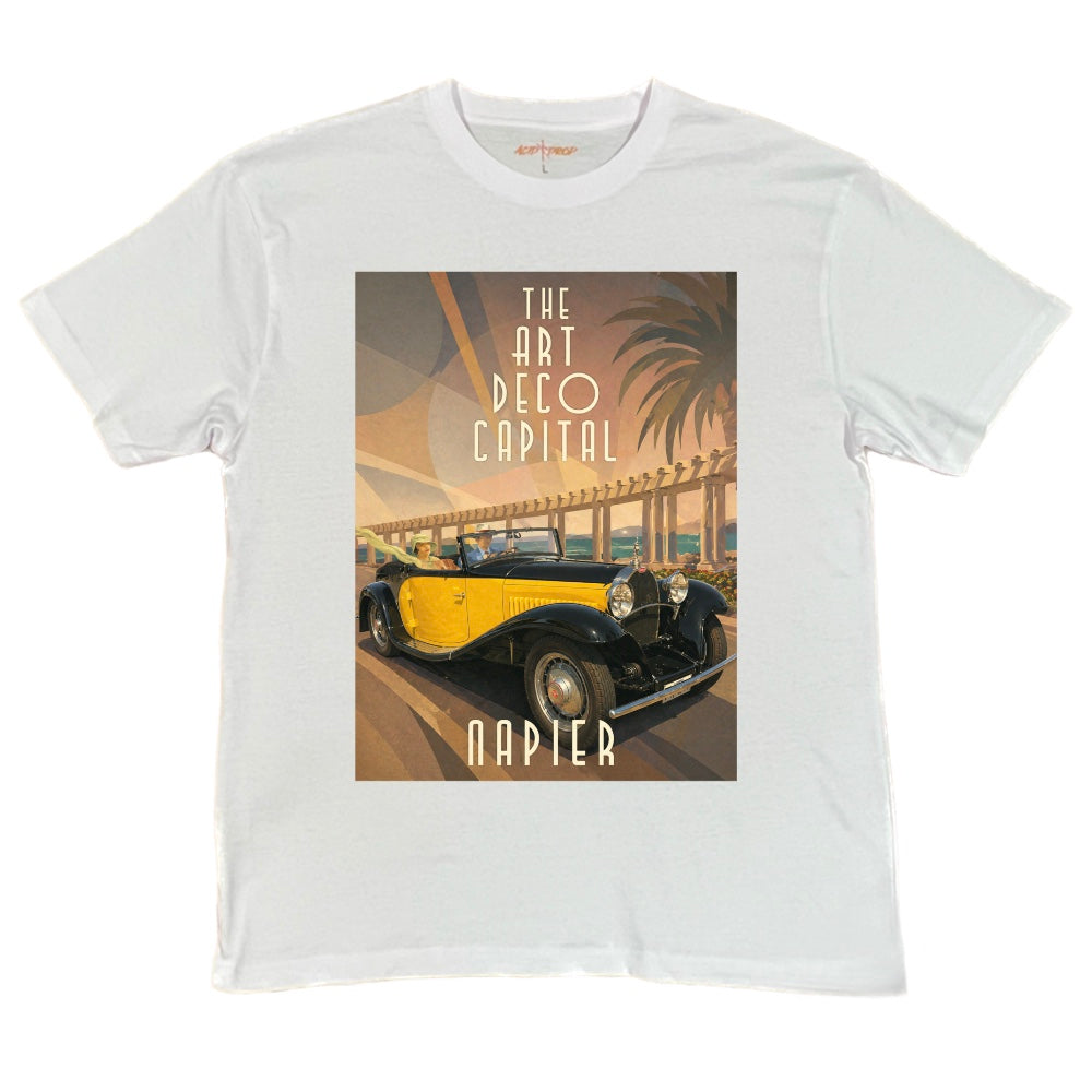 Napier Art Deco Yellow Car Brown Sky Tee