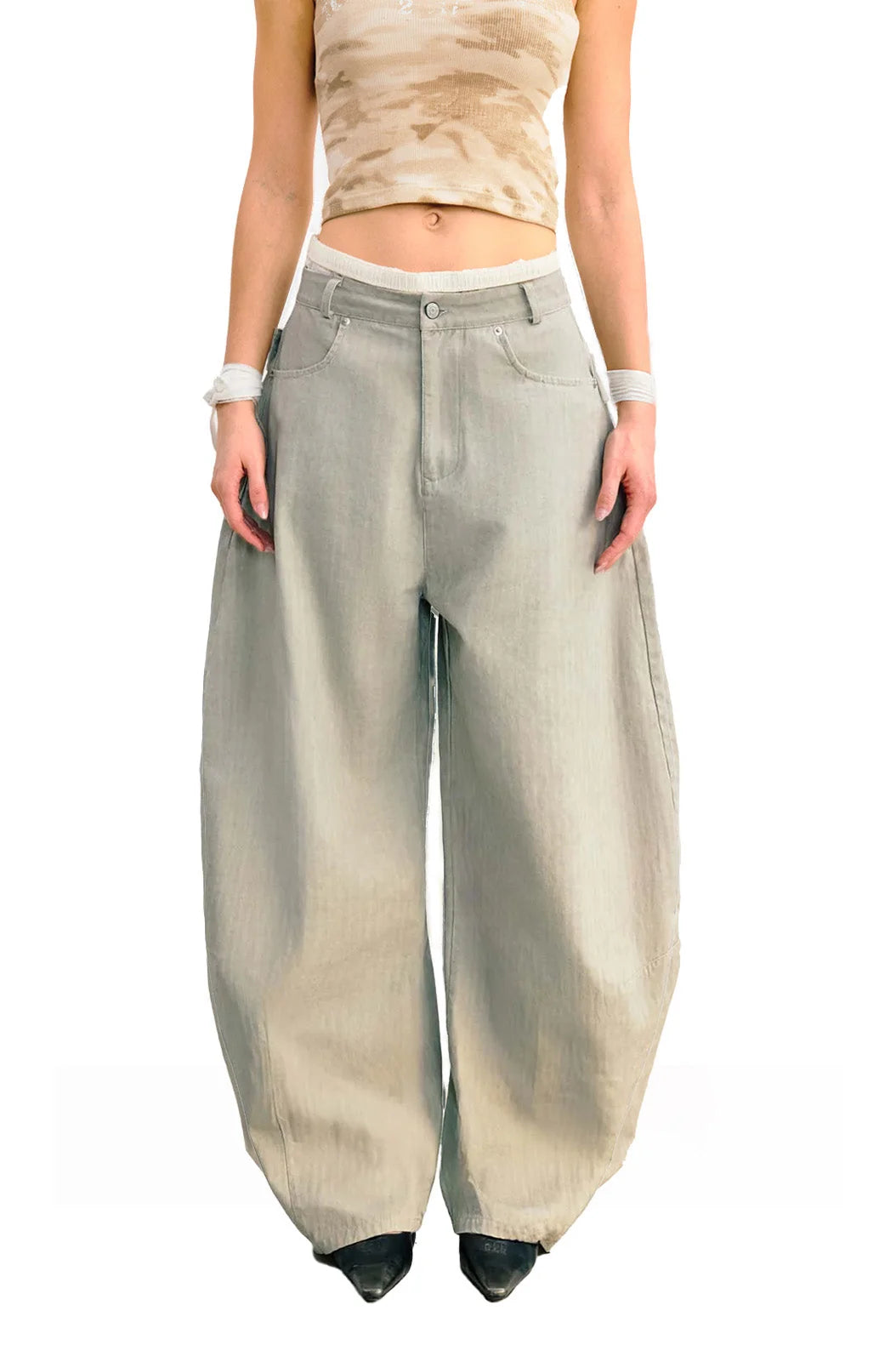 Sense Embroidered Barrel Leg Pants Light Grey