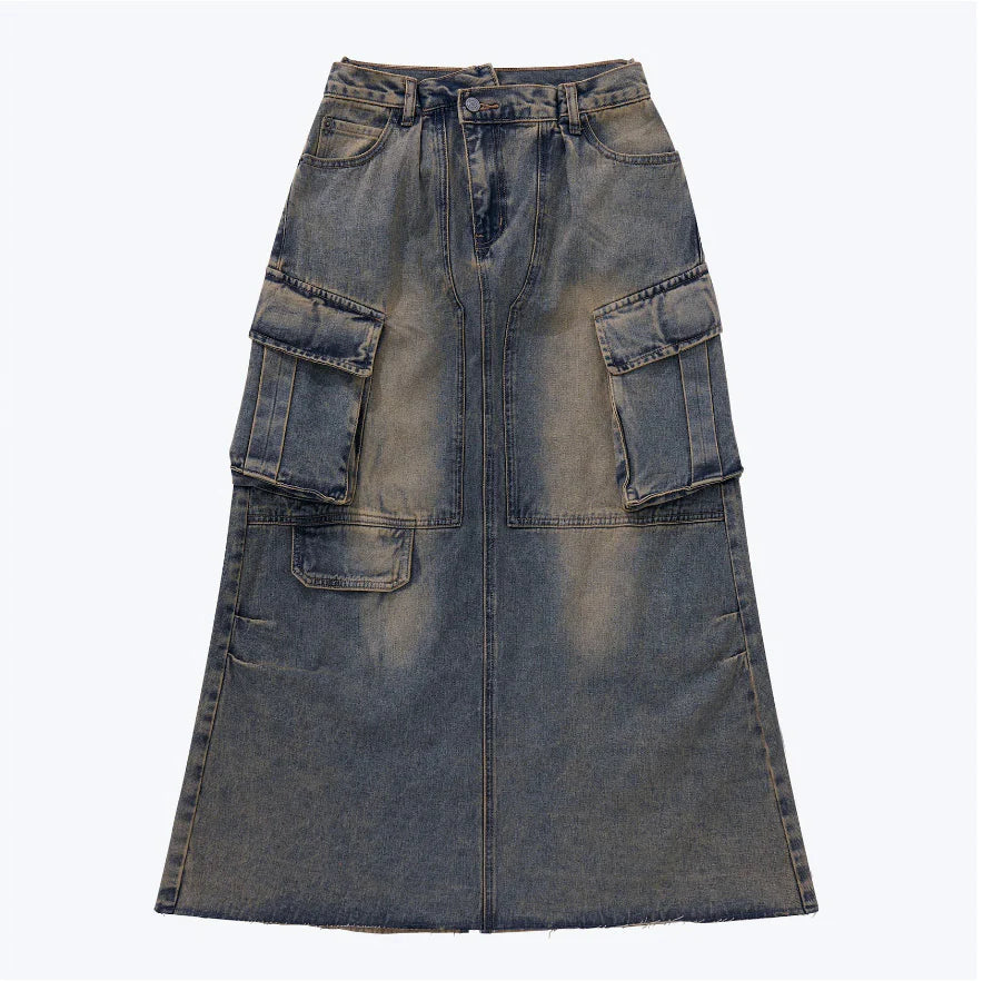 Sense Distressed Full Denim Skirt with Pockets