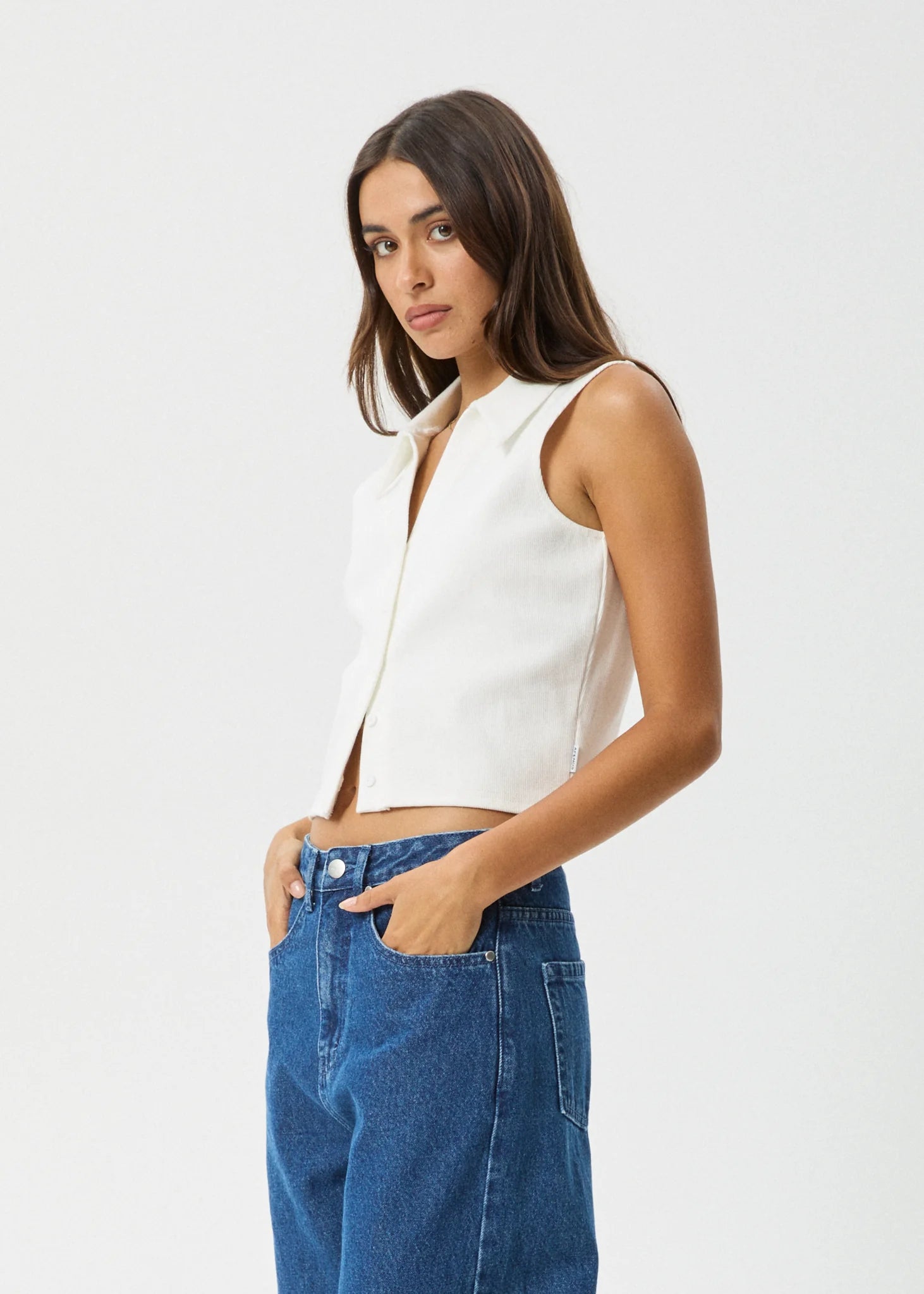 Focus - Seersucker Mock Neck Top - Off White