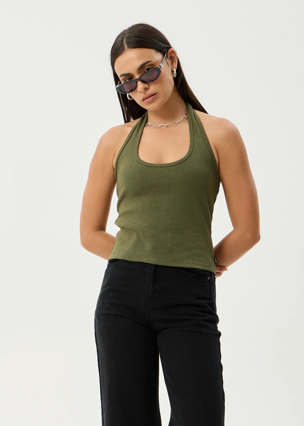 Basis - Organic Rib Halter Top - Deep Olive