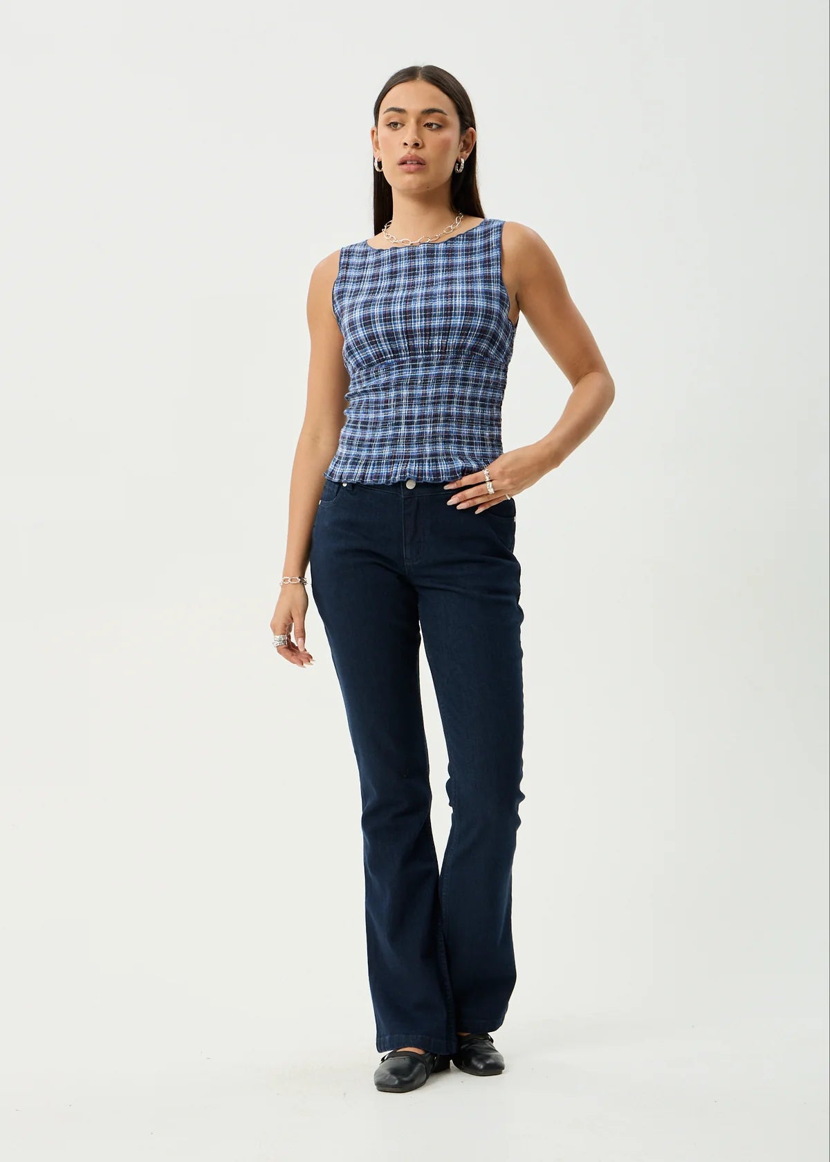 Mountains Hemp - Seersucker Sleeveless Top - Navy Red Check