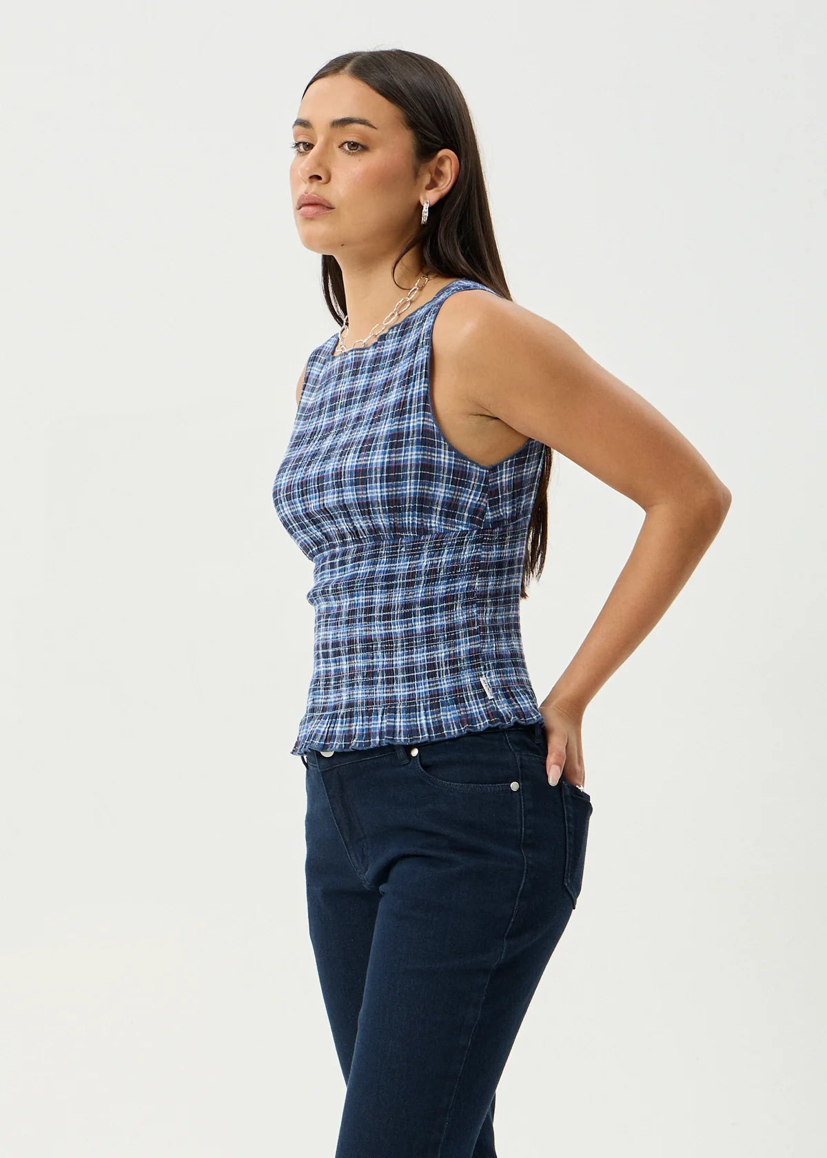 Mountains Hemp - Seersucker Sleeveless Top - Navy Red Check