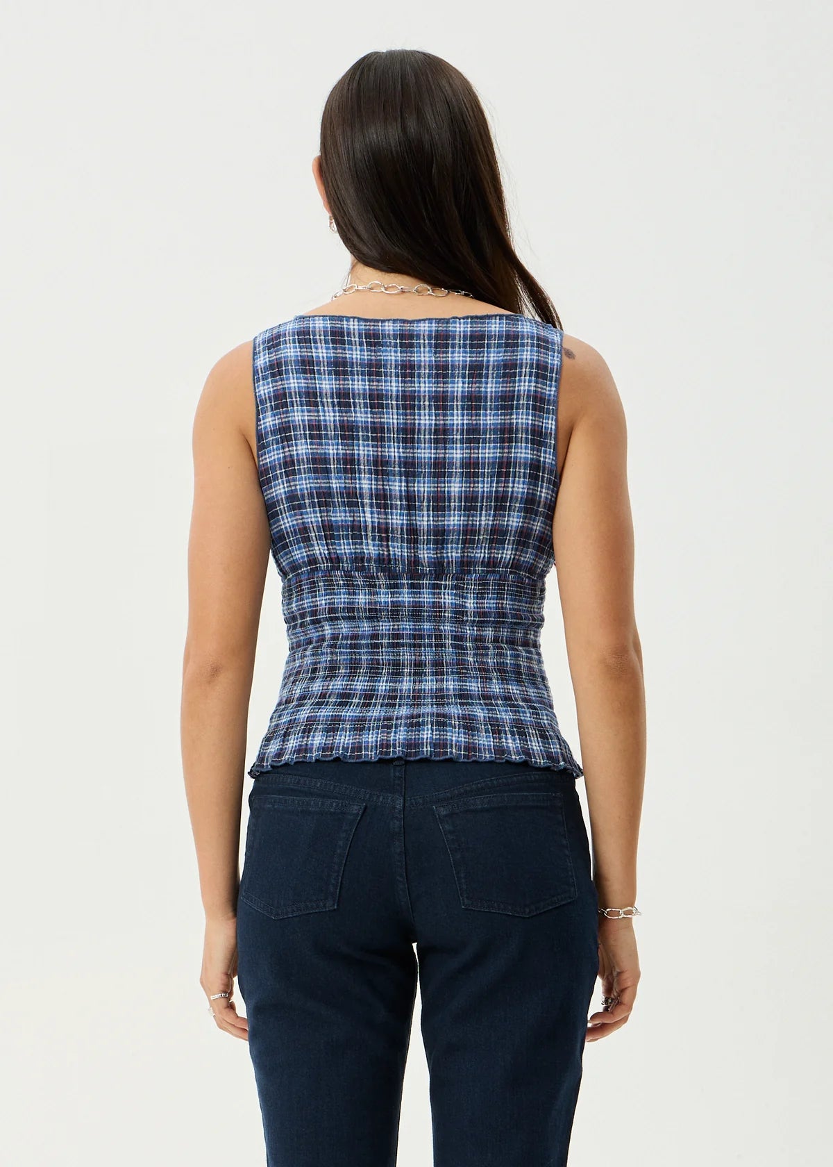 Mountains Hemp - Seersucker Sleeveless Top - Navy Red Check