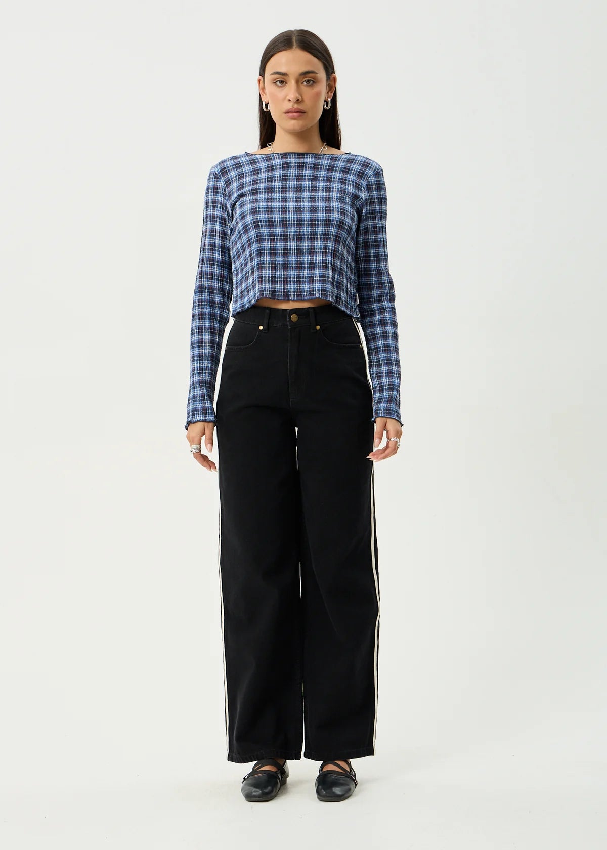 Mountains Hemp - Seersucker Long Sleeve Top - Navy Red Check