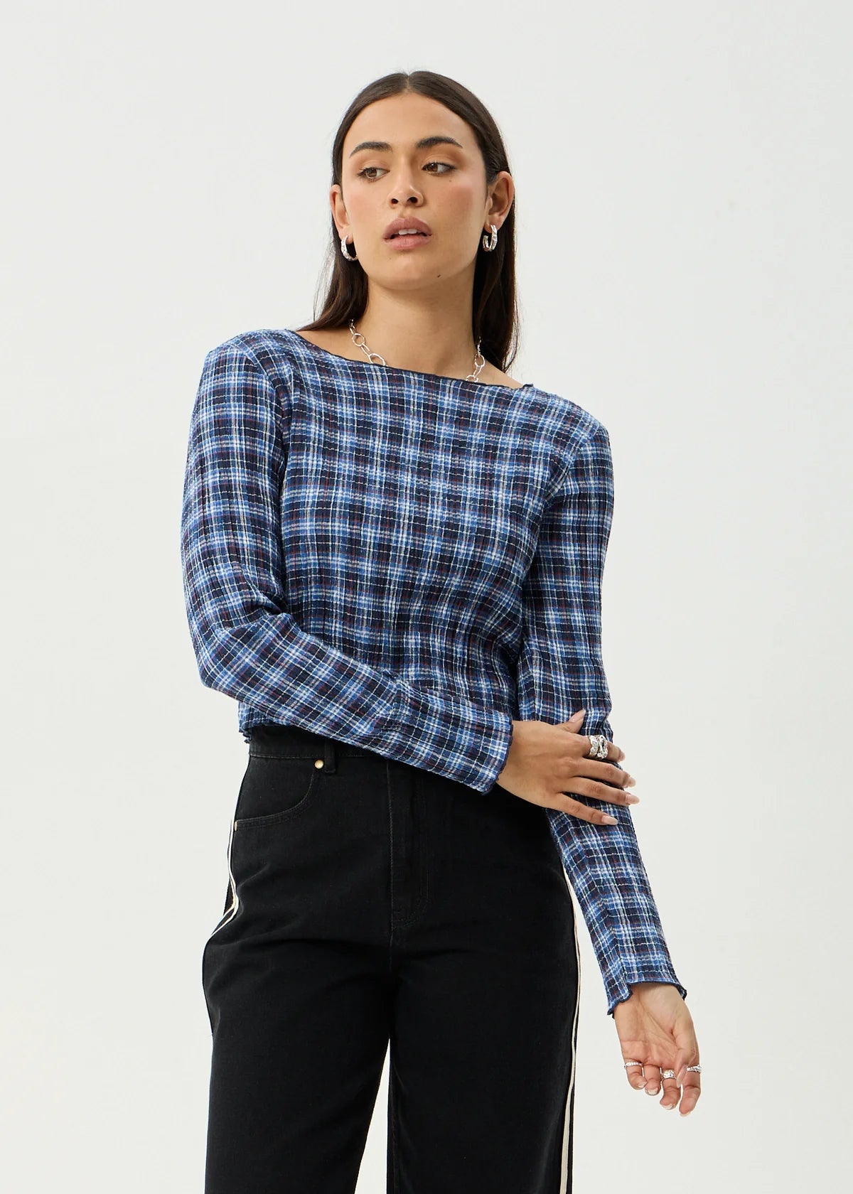 Mountains Hemp - Seersucker Long Sleeve Top - Navy Red Check