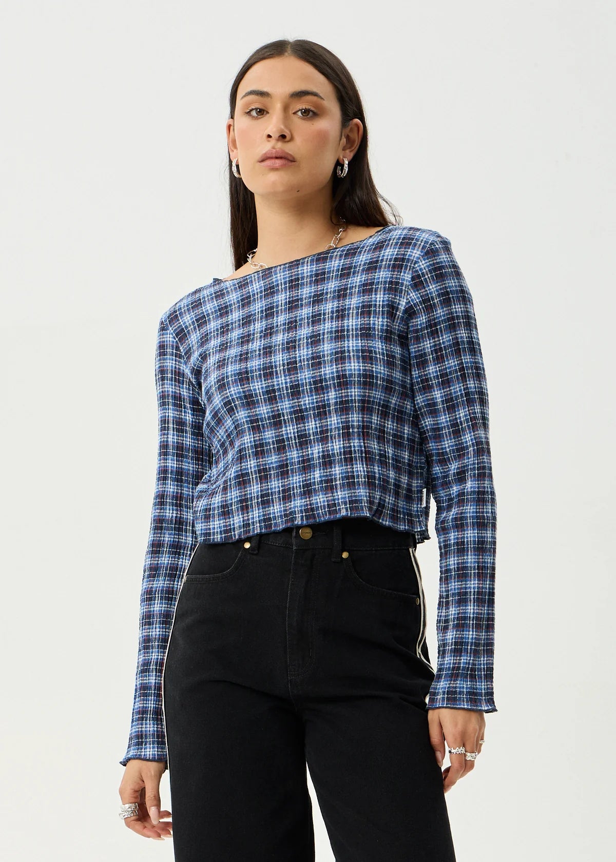 Mountains Hemp - Seersucker Long Sleeve Top - Navy Red Check