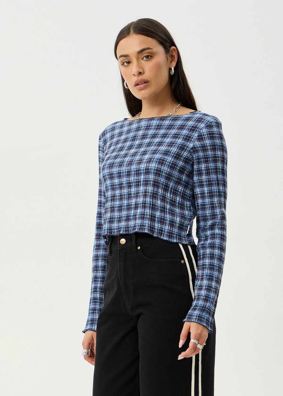 Mountains Hemp - Seersucker Long Sleeve Top - Navy Red Check