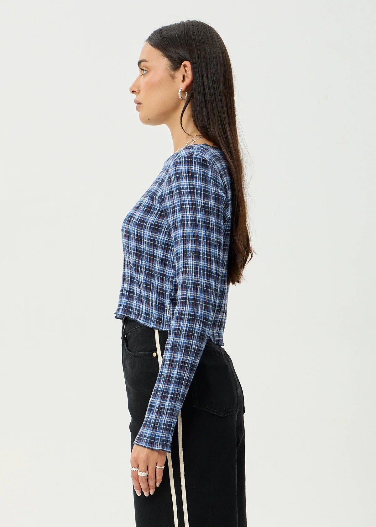 Mountains Hemp - Seersucker Long Sleeve Top - Navy Red Check